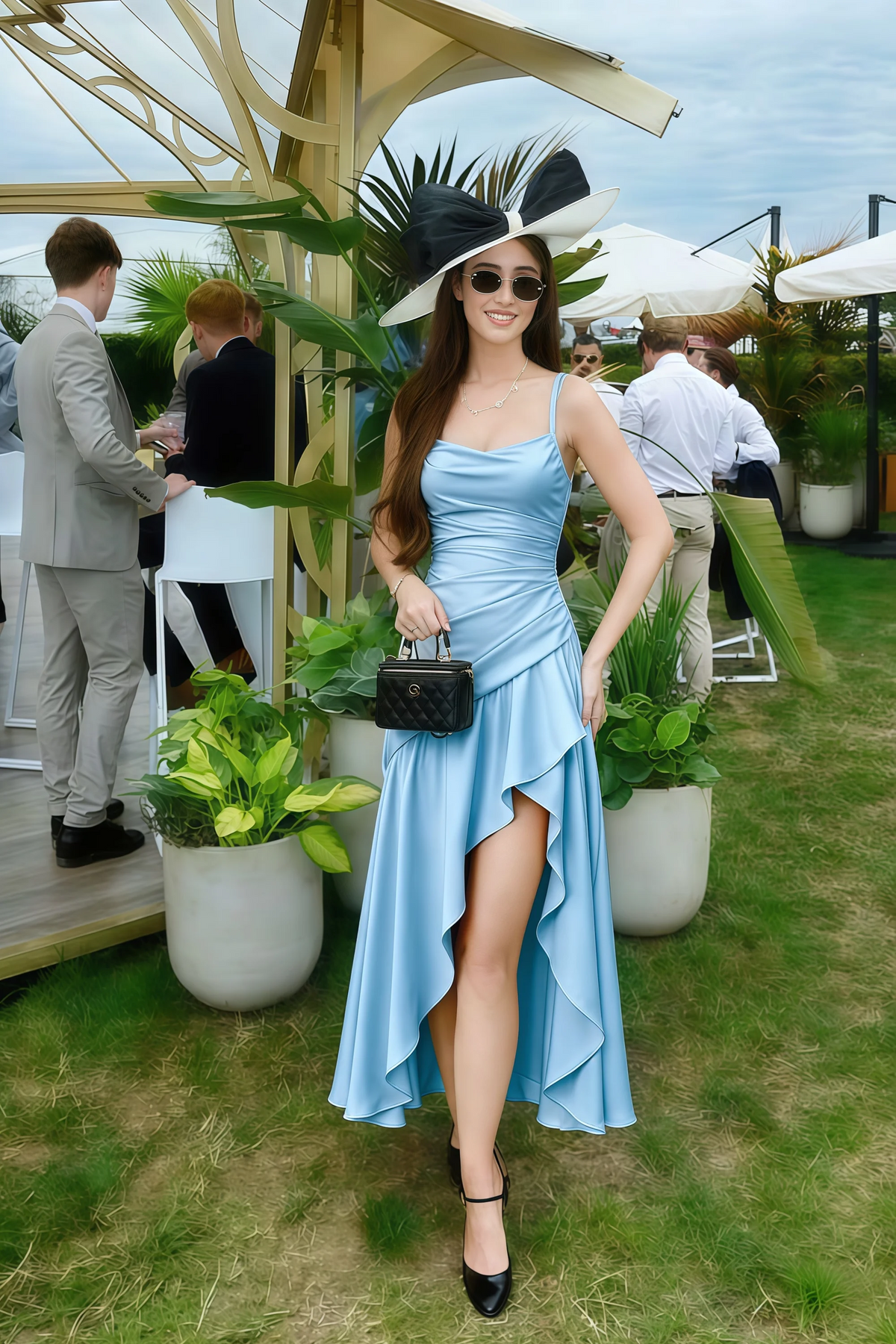 Ada Haze Blue Satin High-Low Ruffled Midi Dress