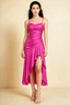 Ada Hot Pink Satin High-Low Ruffled Midi Dress