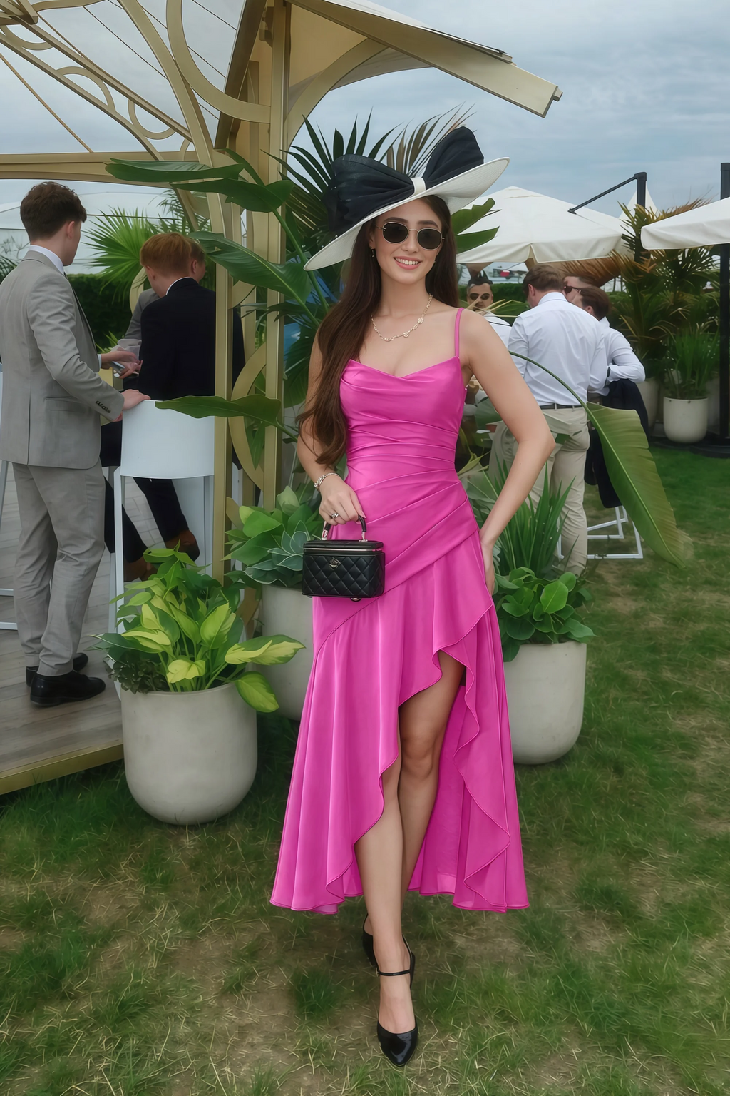 Ada Hot Pink Satin High-Low Ruffled Midi Dress