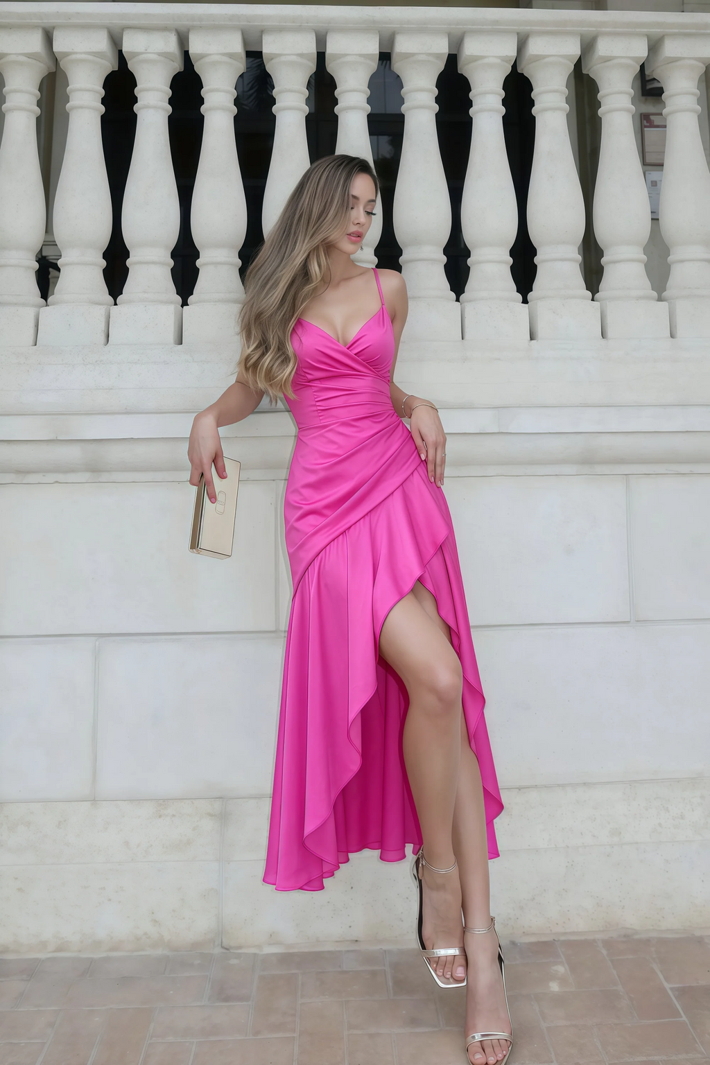 Ada Hot Pink Satin High-Low Ruffled Midi Dress