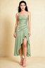 Ada Light Green Satin High-Low Ruffled Midi Dress