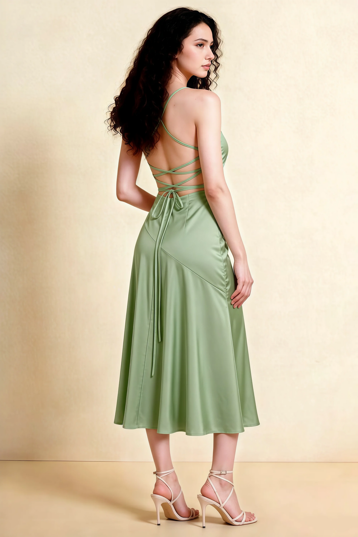 Ada Light Green Satin High-Low Ruffled Midi Dress