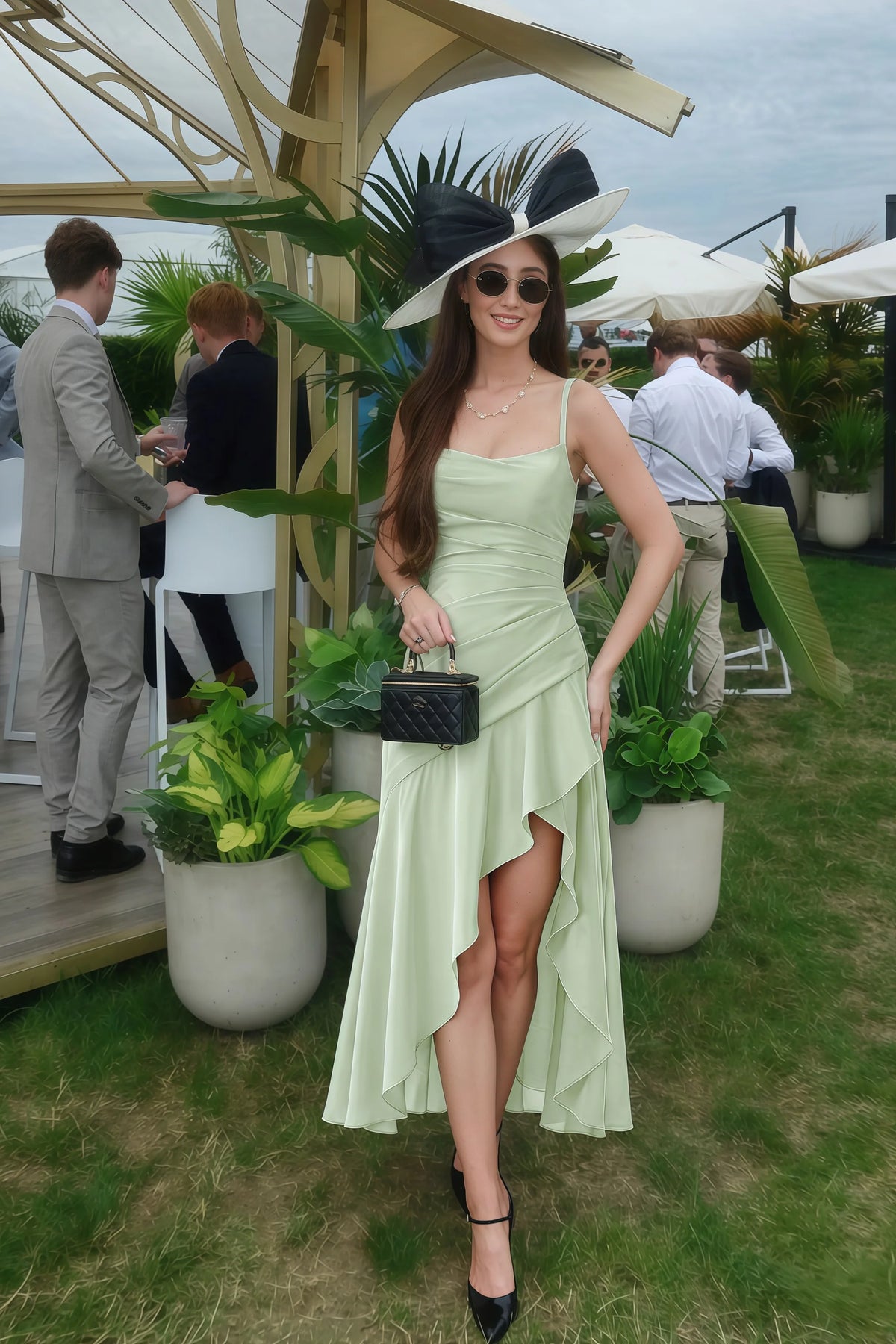 Ada Light Green Satin High-Low Ruffled Midi Dress