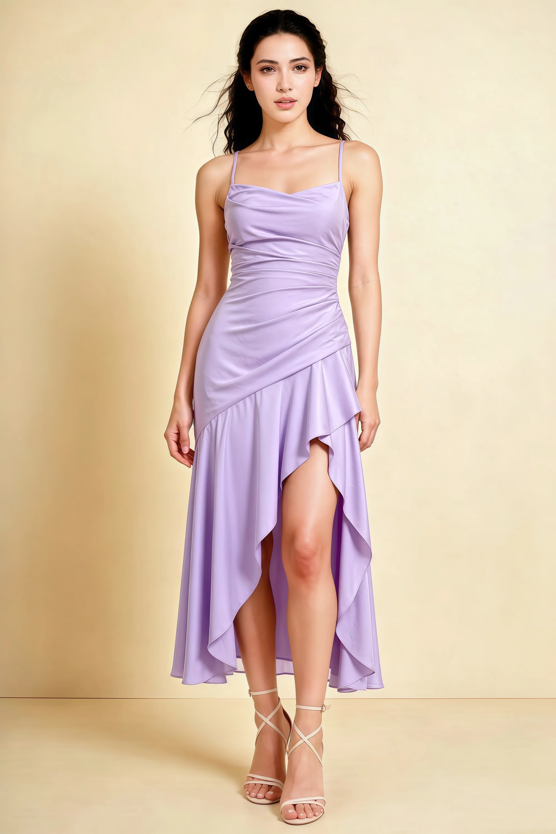 Ada Lilac Satin High-Low Ruffled Midi Dress