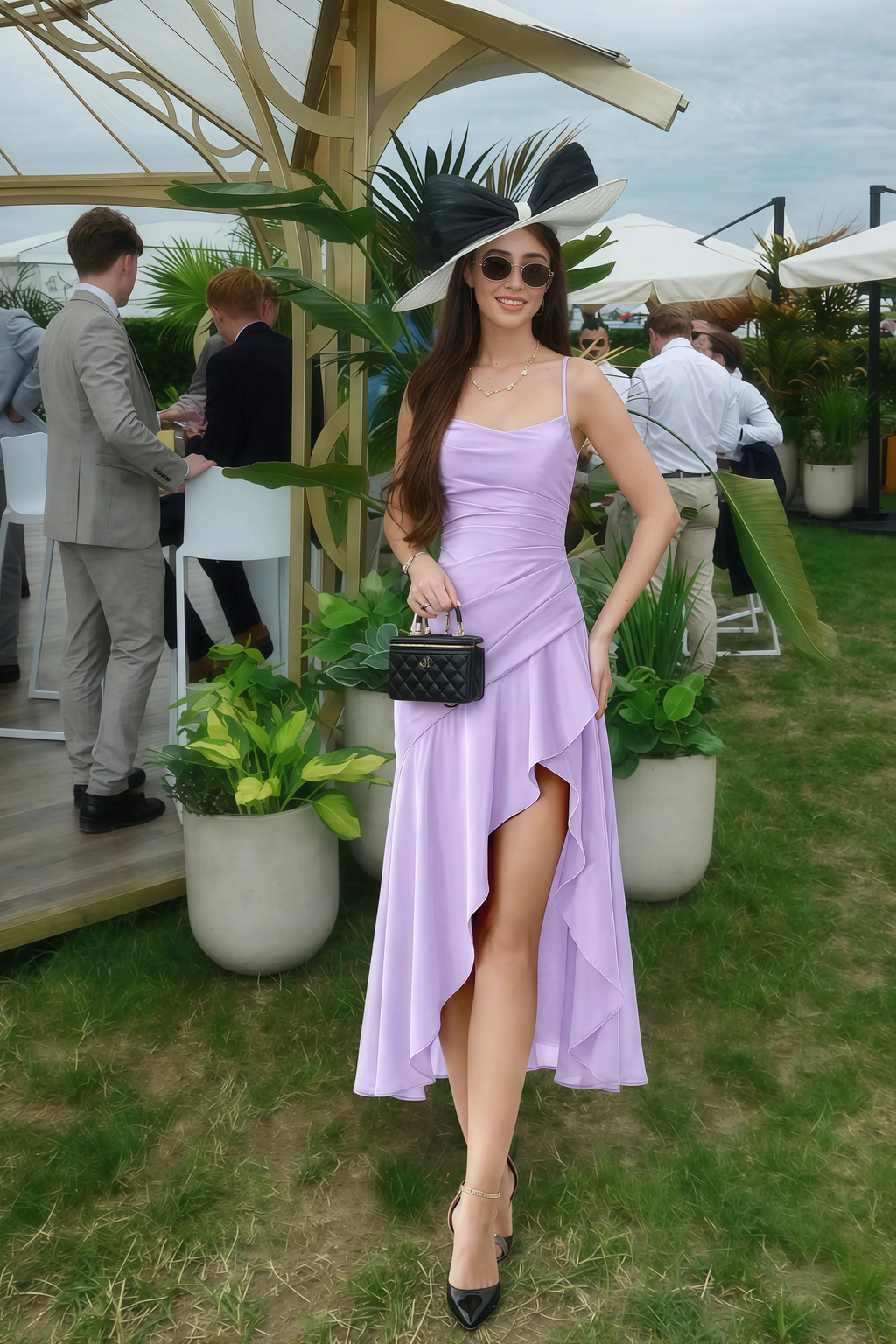 Ada Lilac Satin High-Low Ruffled Midi Dress
