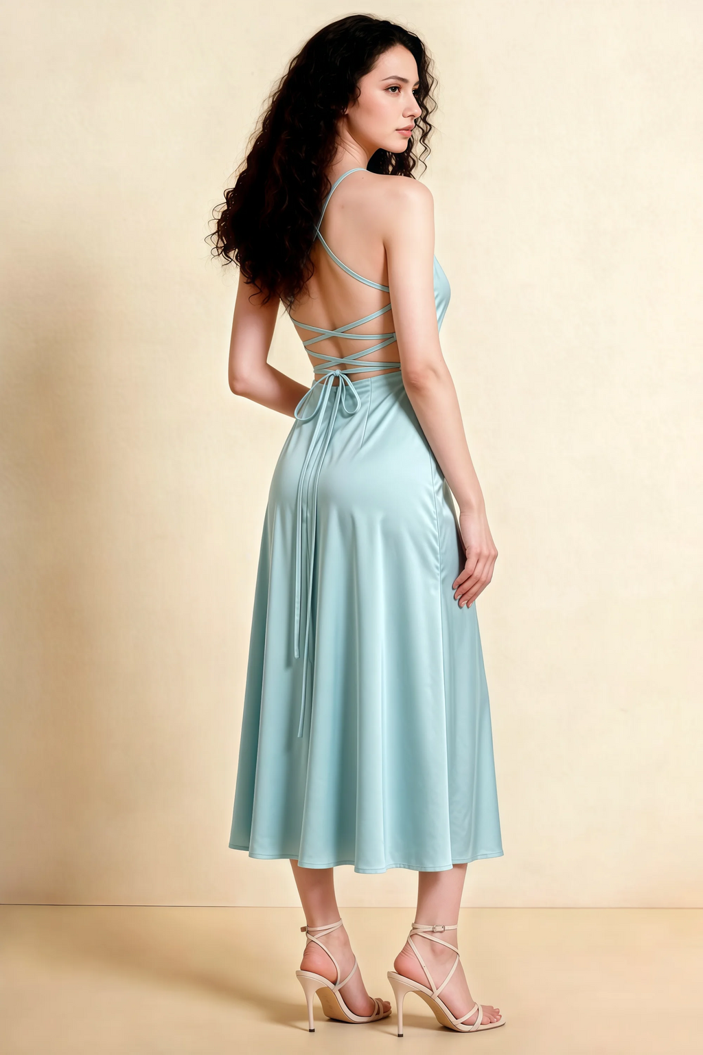 Ada Mist Satin High-Low Ruffled Midi Dress