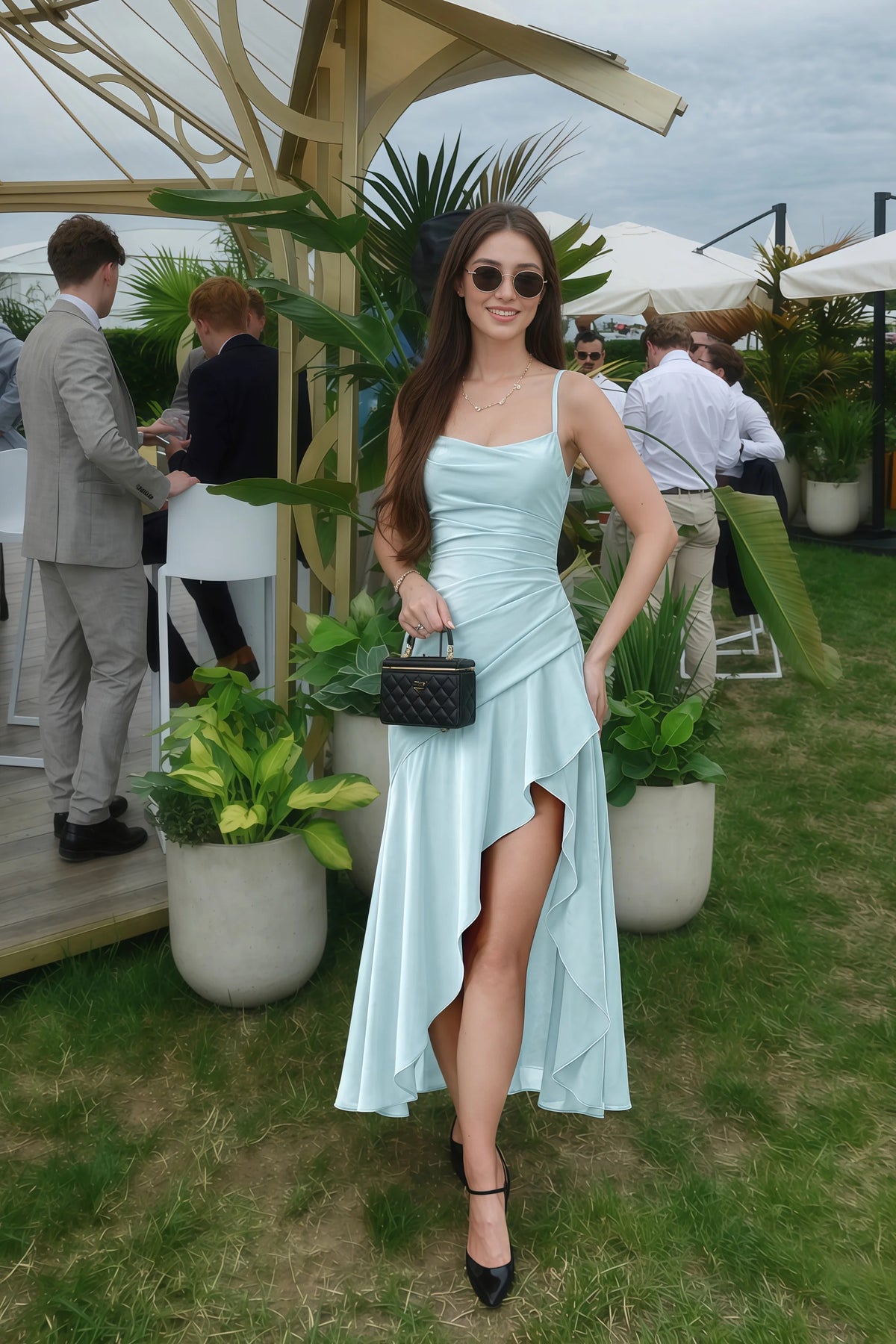 Ada Mist Satin High-Low Ruffled Midi Dress