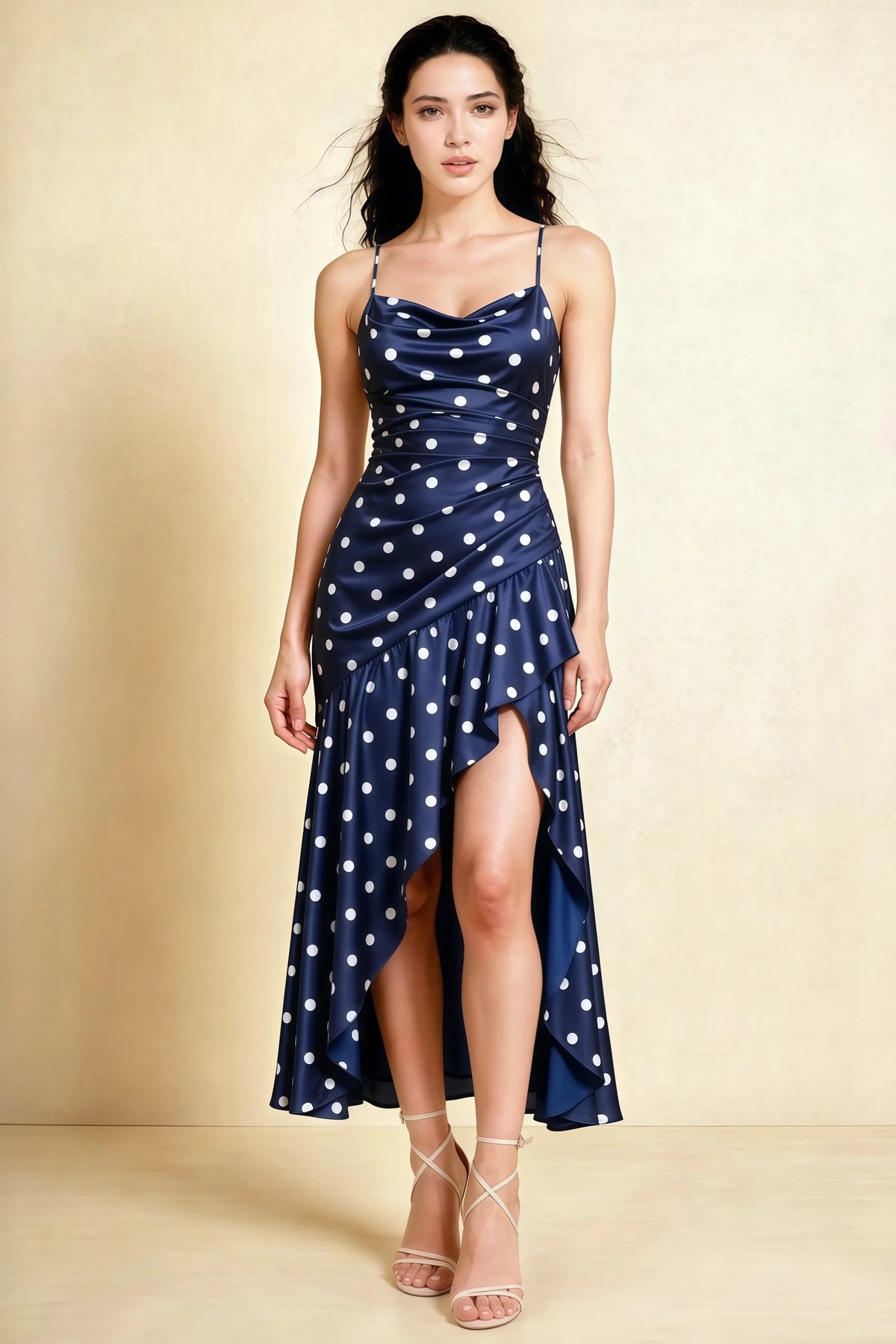 Ada Navy Polka Dot High-Low Ruffled Midi Dress Main image