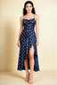 Ada Navy Polka Dot High-Low Ruffled Midi Dress
