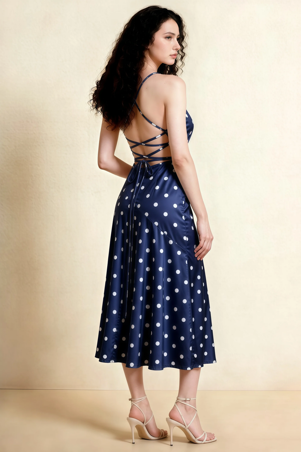 Ada Navy Polka Dot High-Low Ruffled Midi Dress
