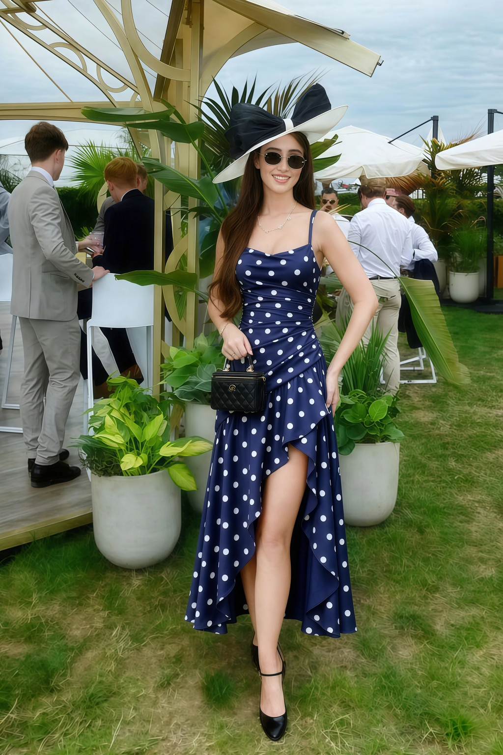 Ada Navy Polka Dot High-Low Ruffled Midi Dress