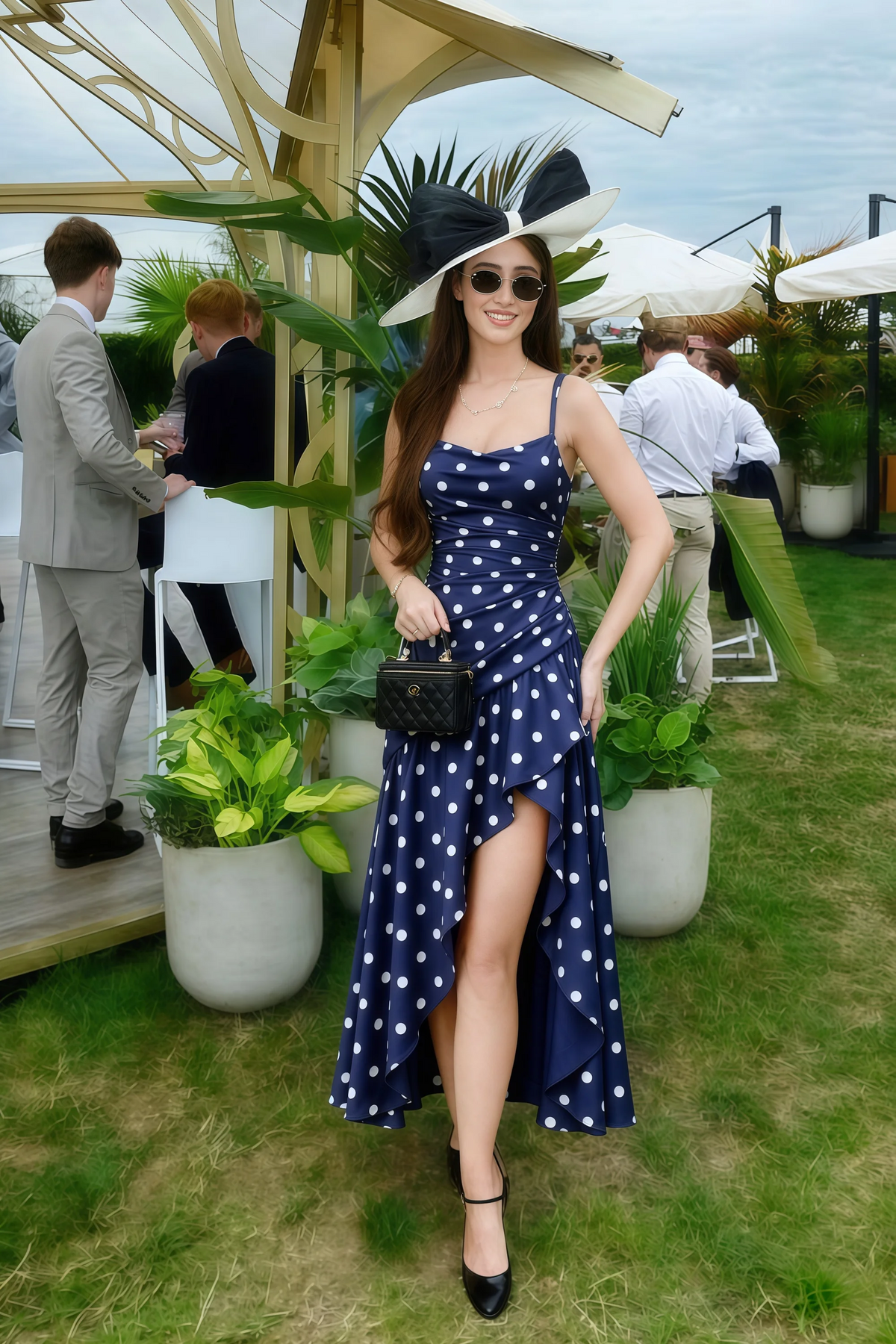 Ada Navy Polka Dot High-Low Ruffled Midi Dress