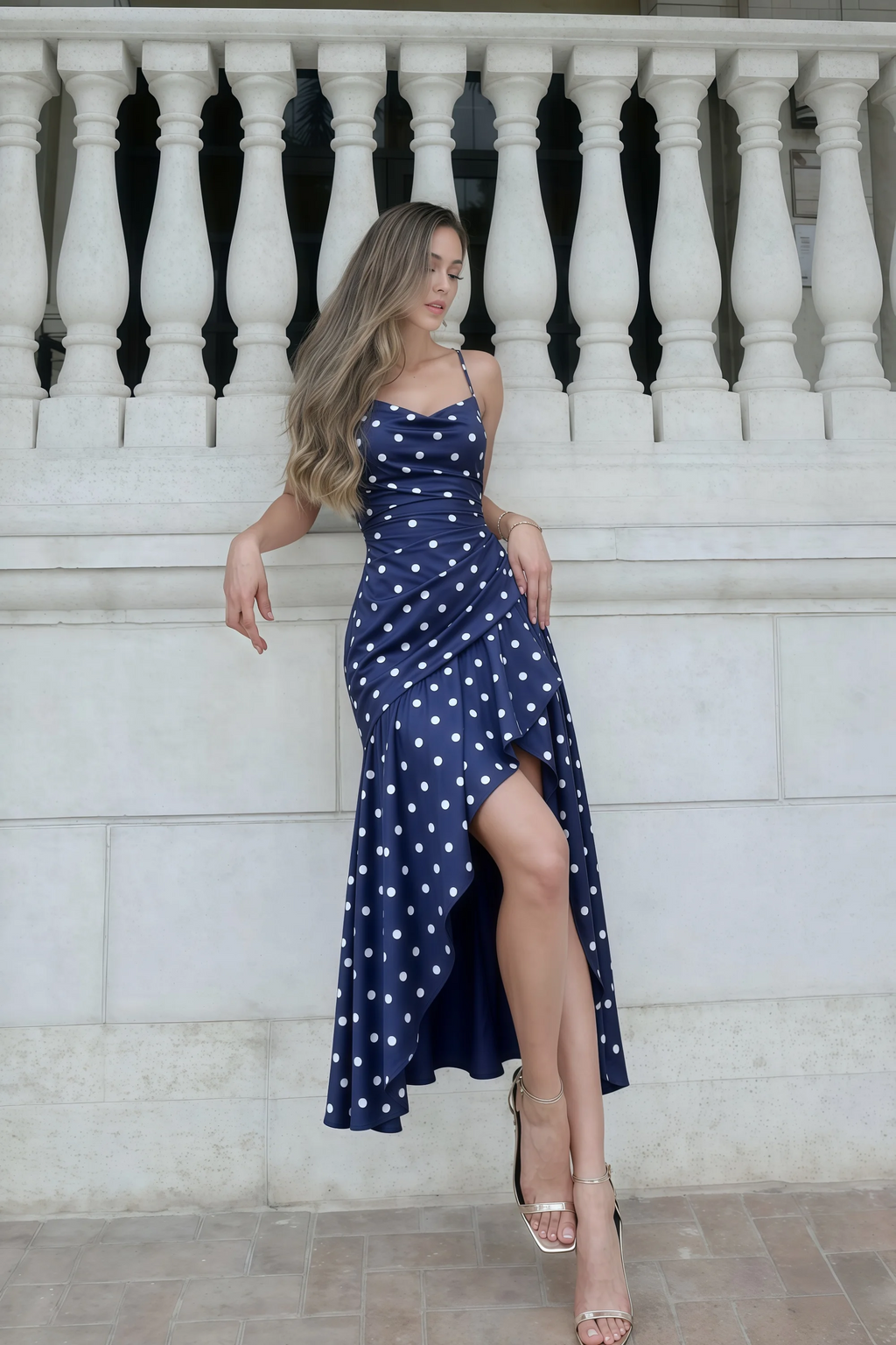 Ada Navy Polka Dot High-Low Ruffled Midi Dress