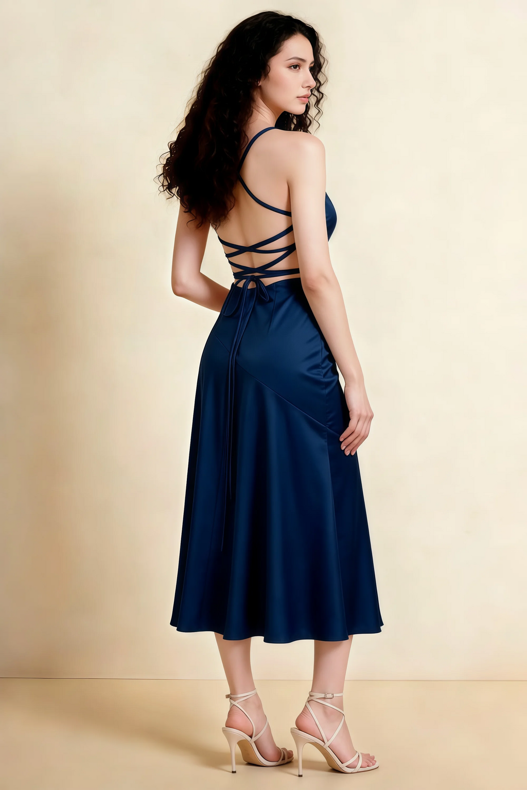 Ada Navy Satin High-Low Ruffled Midi Dress