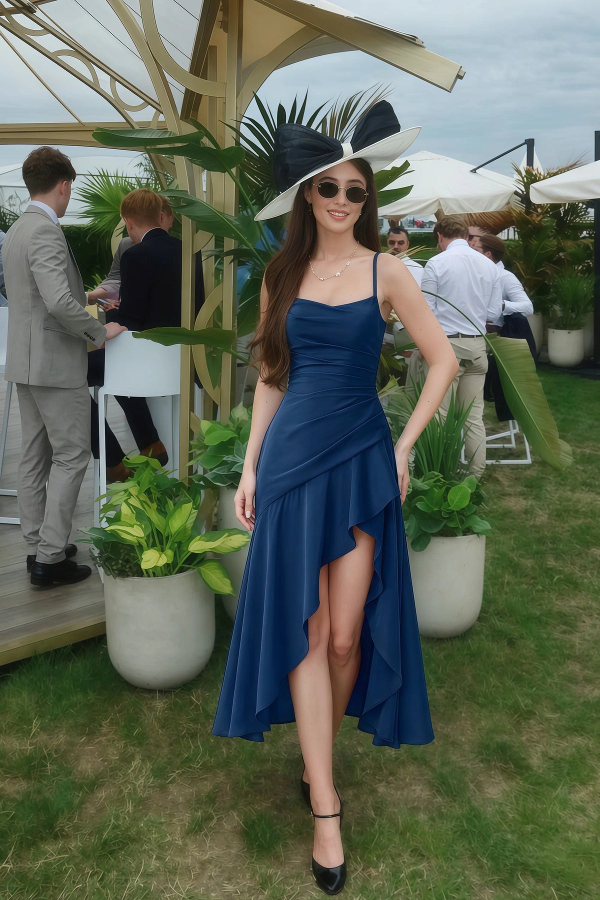 Ada Navy Satin High-Low Ruffled Midi Dress