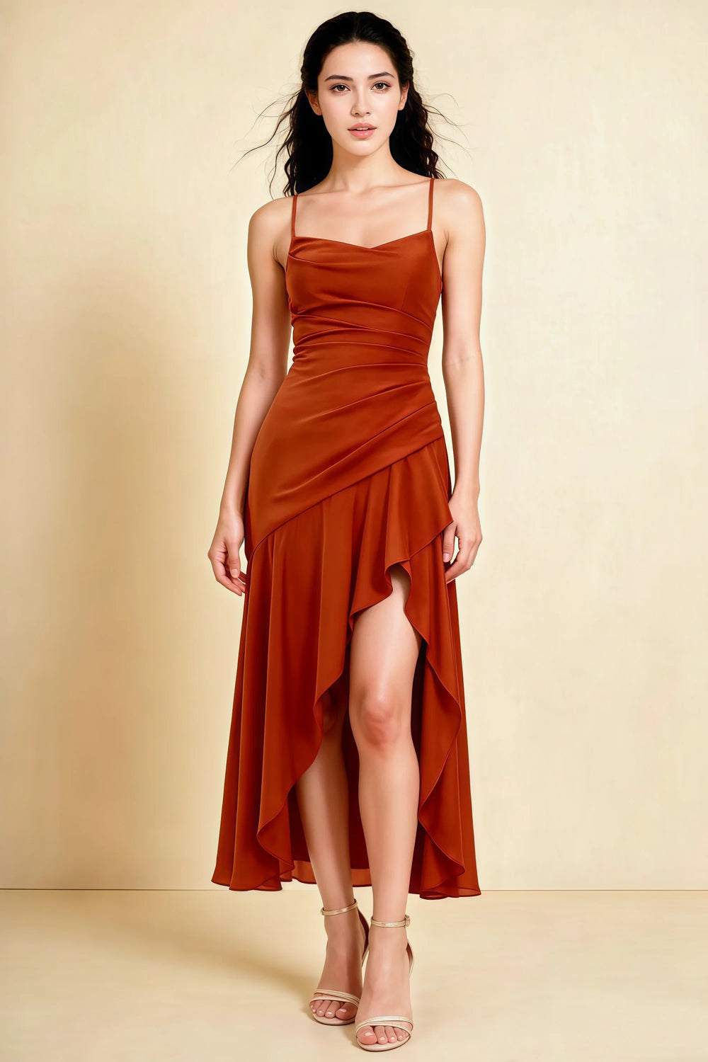 Translation missing: en.Front view of the LVLVS Ada paprika midi dress, showing the draped neckline, thin straps and high-low ruffled skirt. content.product_image_main
