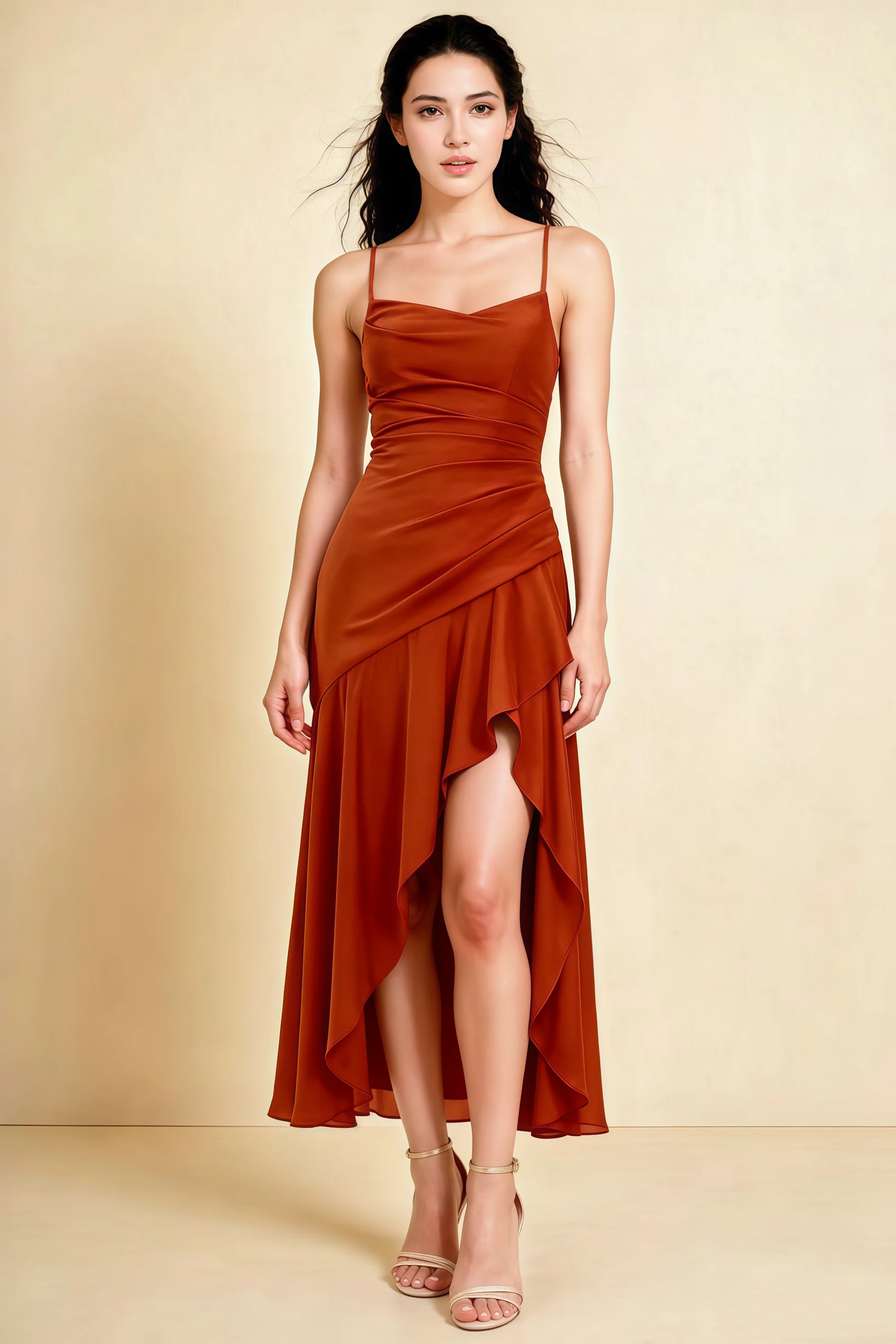 Ada Paprika Satin High-Low Ruffled Midi Dress
