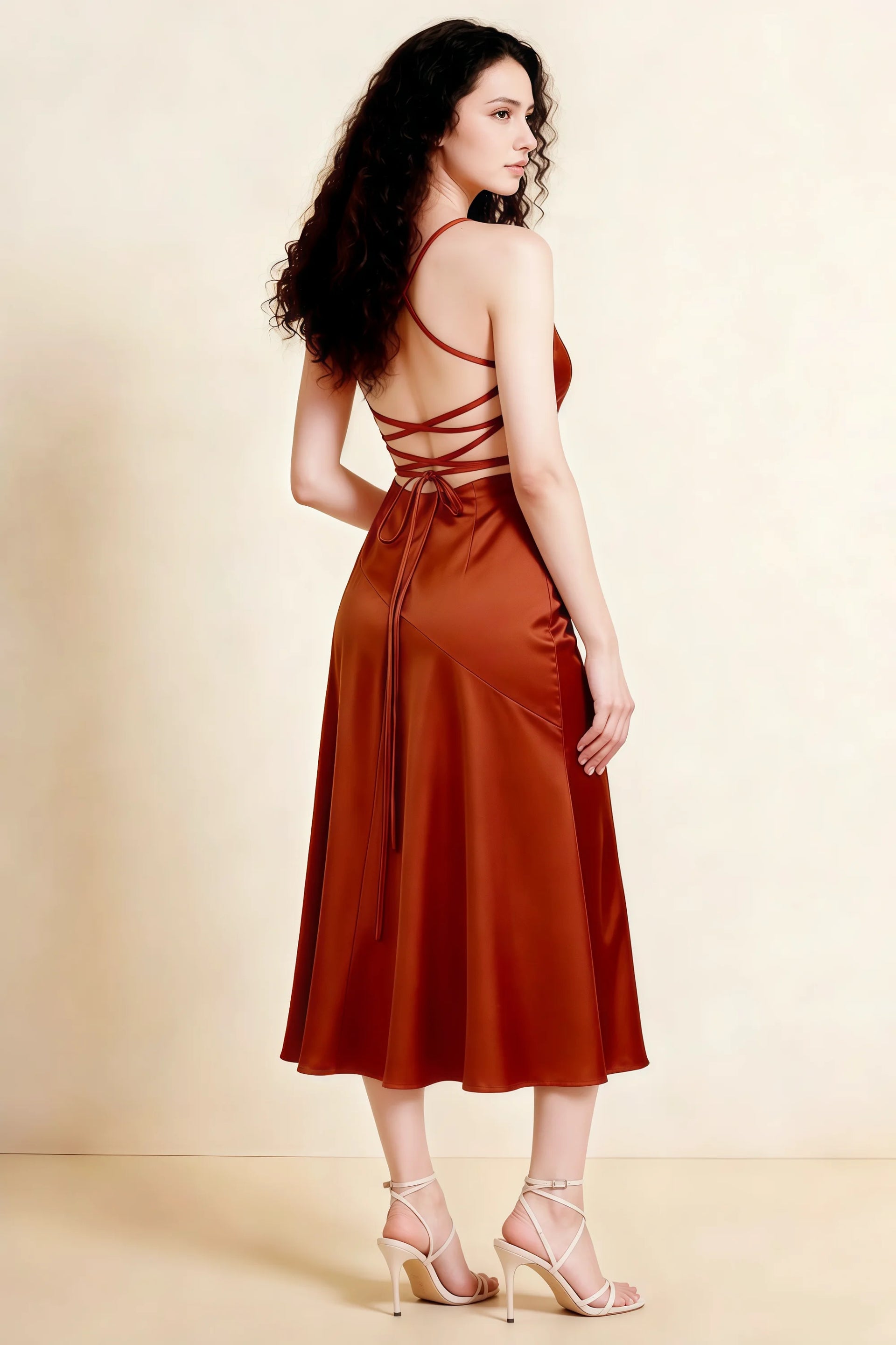 Ada Paprika Satin High-Low Ruffled Midi Dress