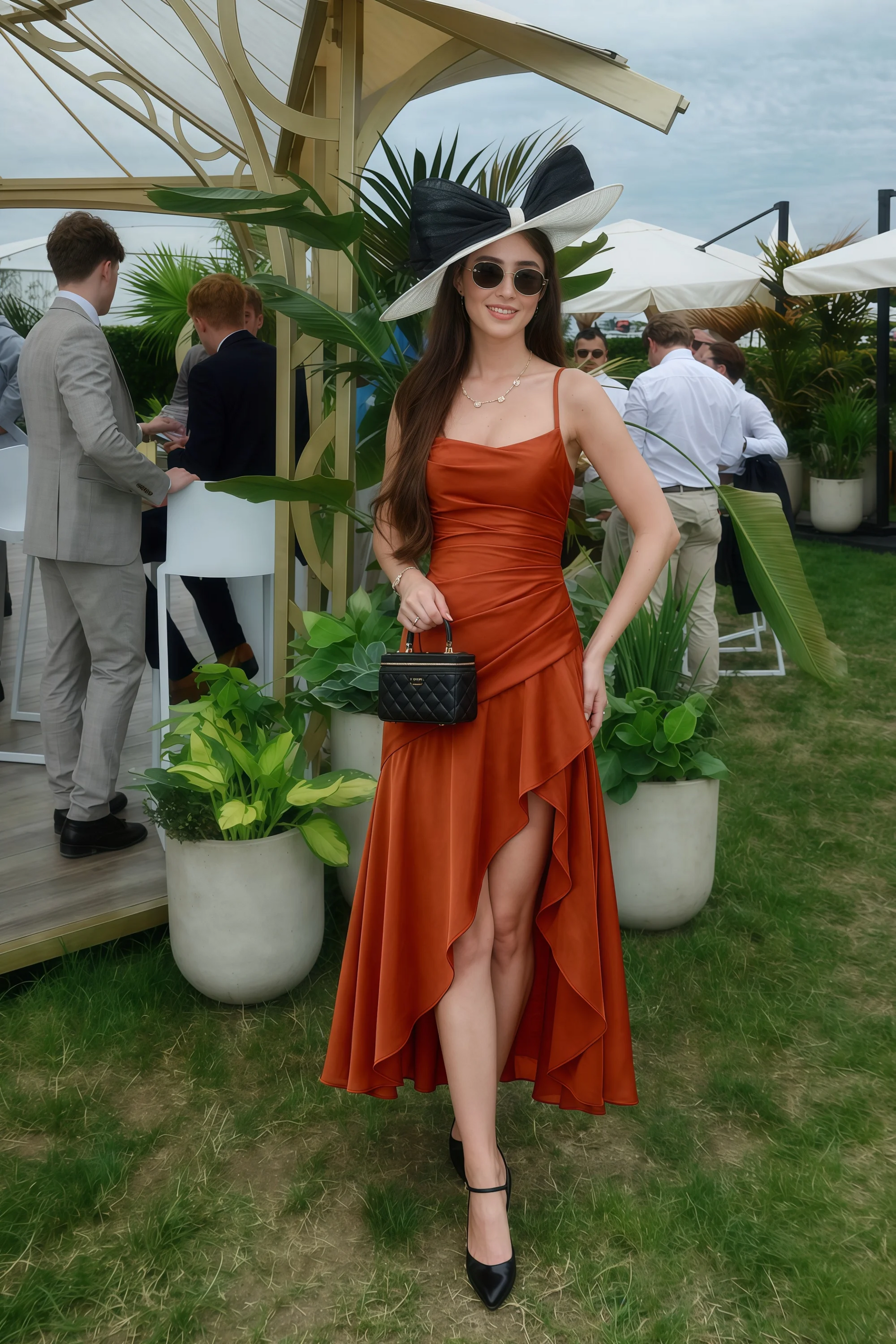 Ada Paprika Satin High-Low Ruffled Midi Dress