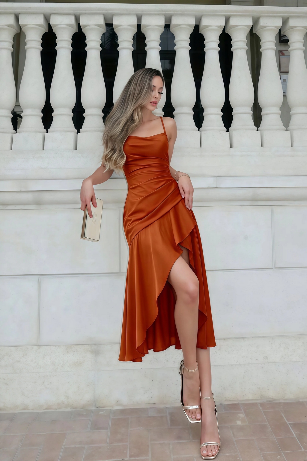 Ada Paprika Satin High-Low Ruffled Midi Dress
