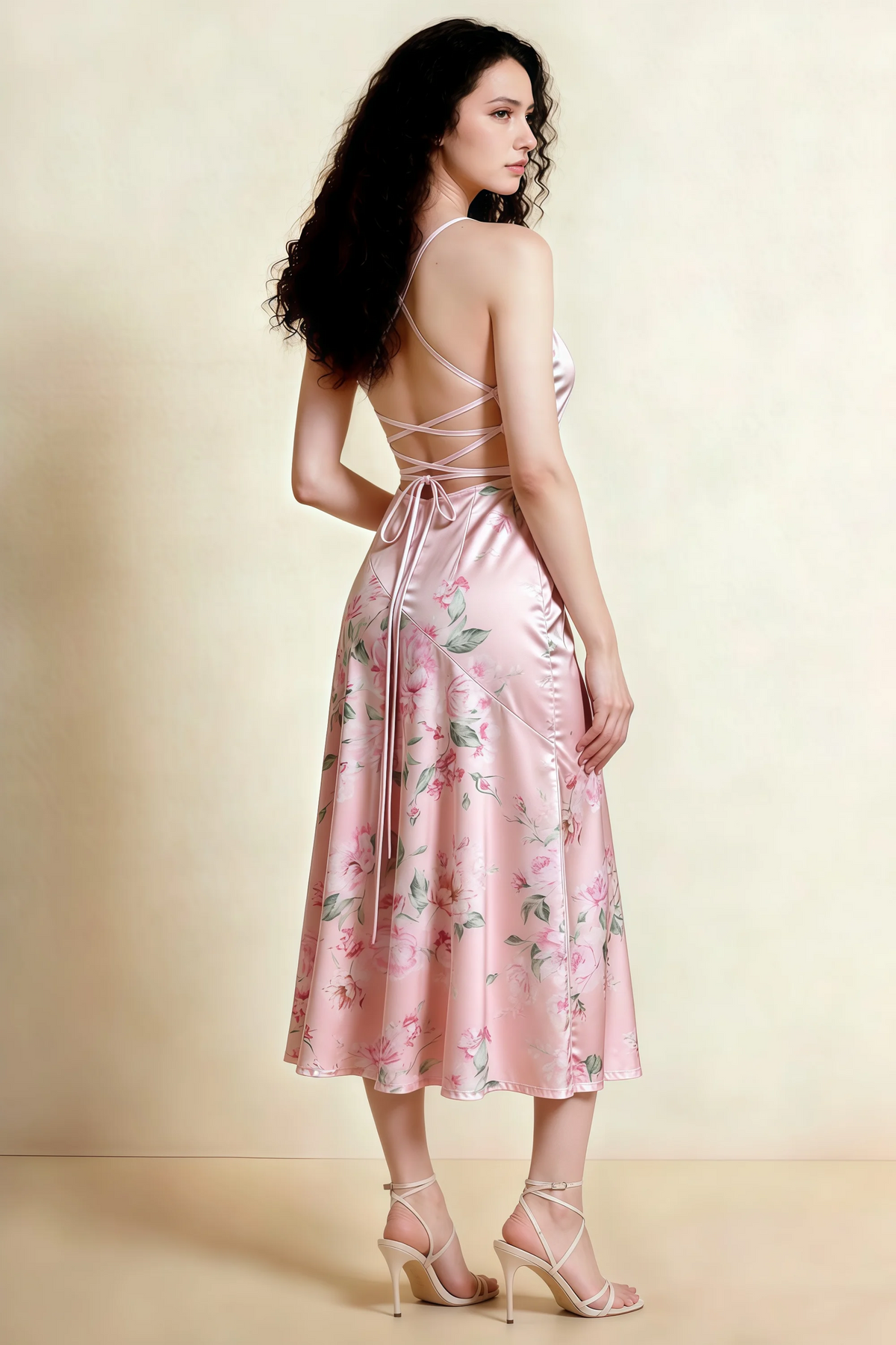 Ada Pink Floral High-Low Ruffled Midi Dress