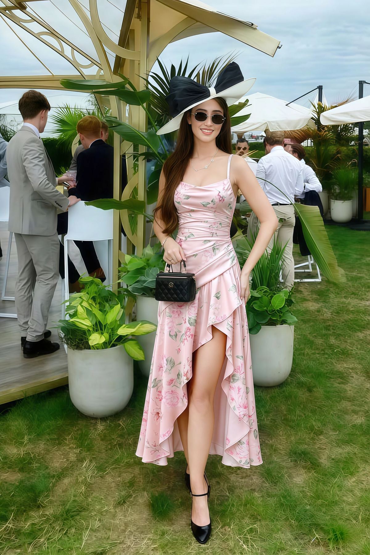 Ada Pink Floral High-Low Ruffled Midi Dress