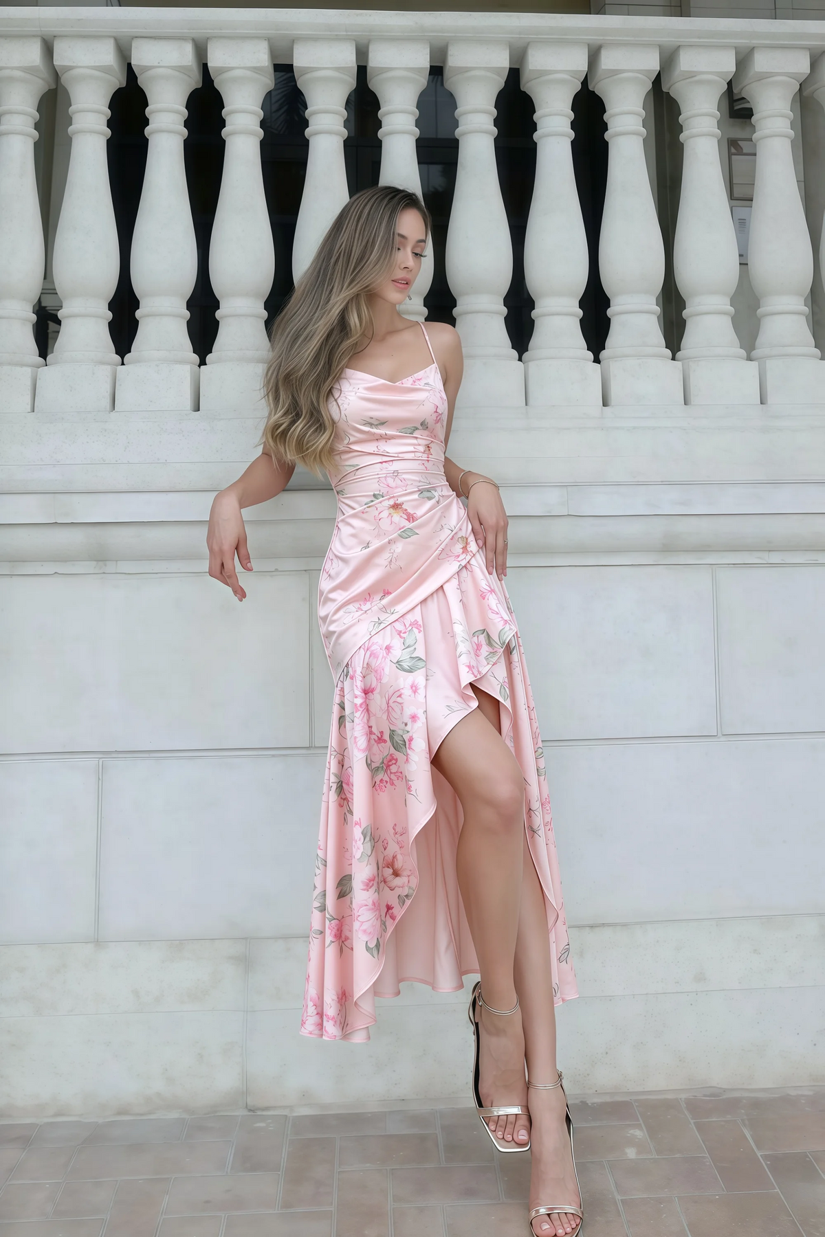 Ada Pink Floral High-Low Ruffled Midi Dress
