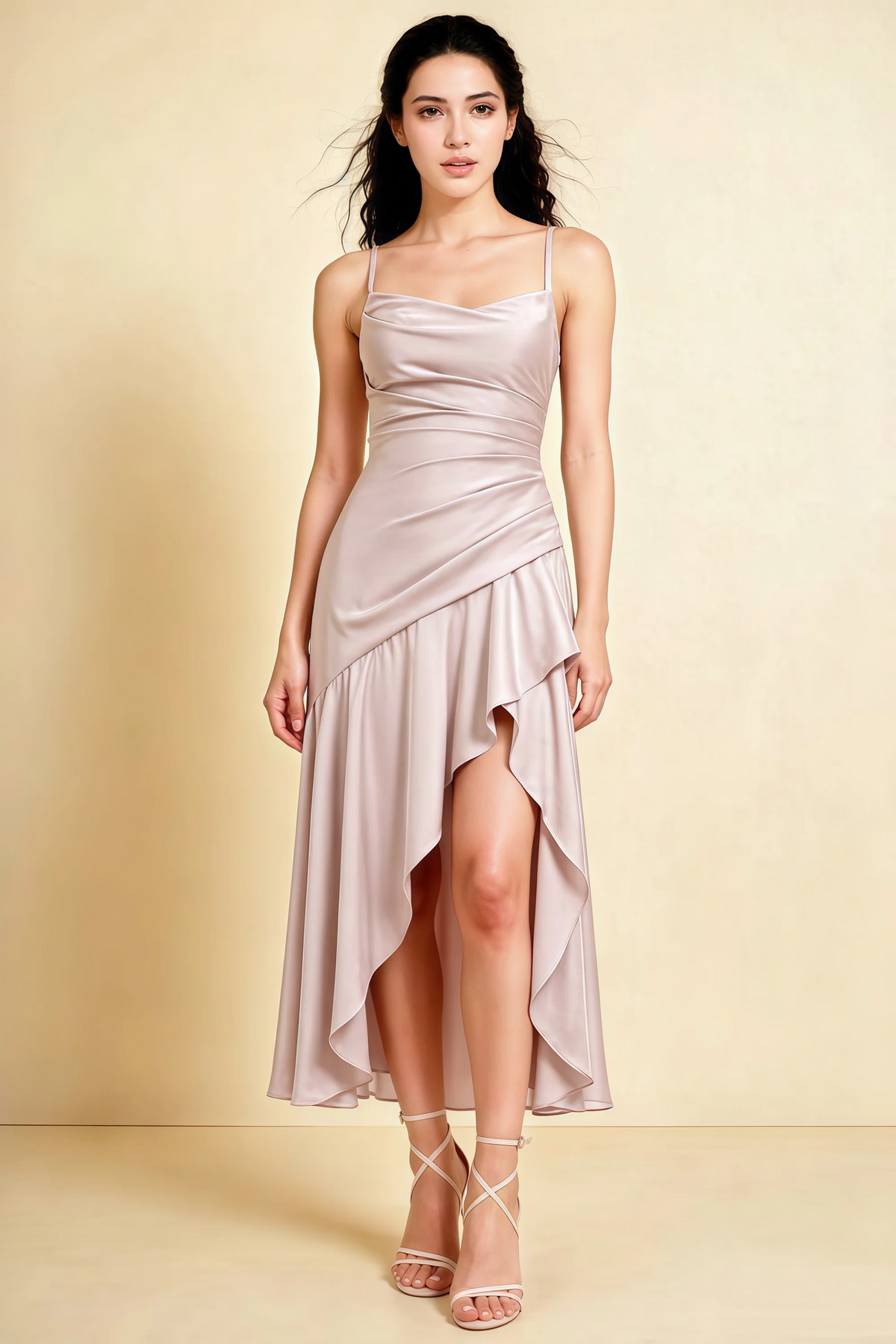Ada Powder Pink Satin High-Low Ruffled Midi Dress