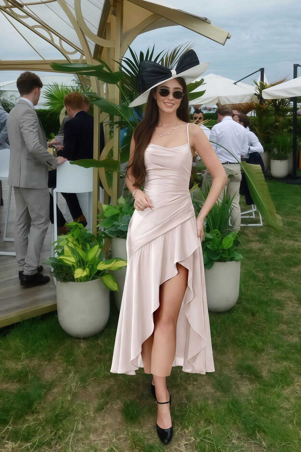 Ada Powder Pink Satin High-Low Ruffled Midi Dress