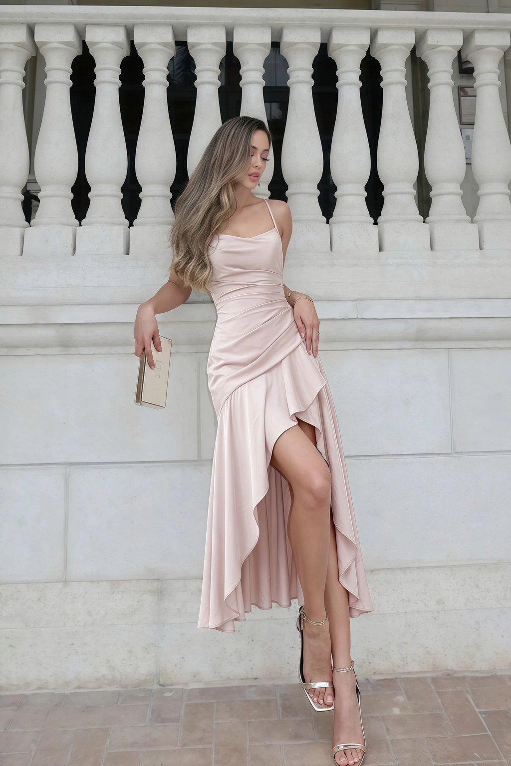 Ada Powder Pink Satin High-Low Ruffled Midi Dress