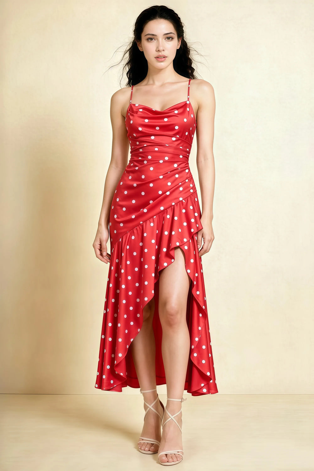 Translation missing: en.Front view of the LVLVS Ada red polka dot midi dress, showing the draped neckline, thin straps and high-low ruffled skirt. content.product_image_main