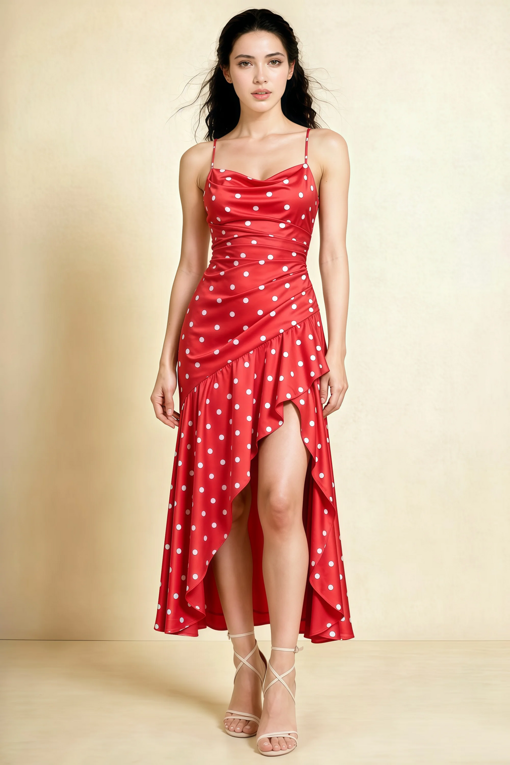 Ada Red Polka Dot High-Low Ruffled Midi Dress