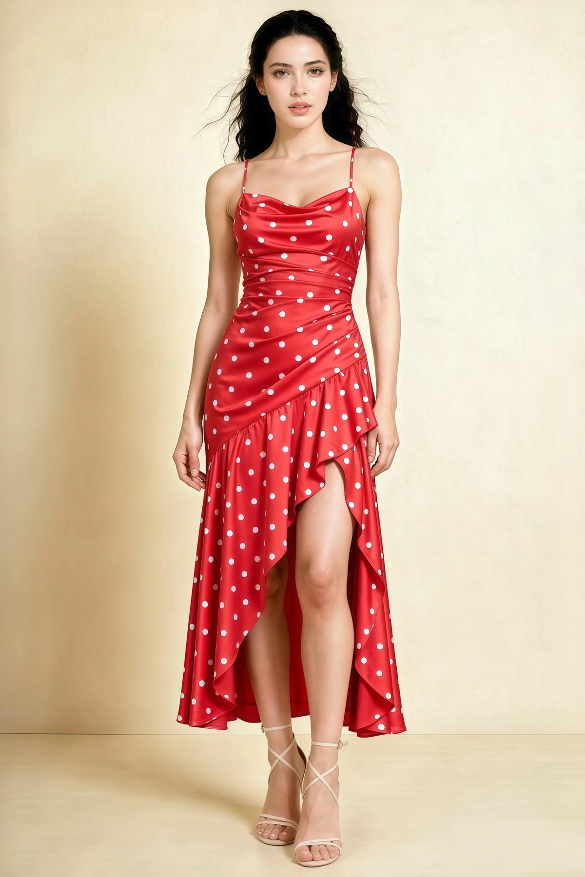 Ada Red Polka Dot High-Low Ruffled Midi Dress Imagen principal del producto