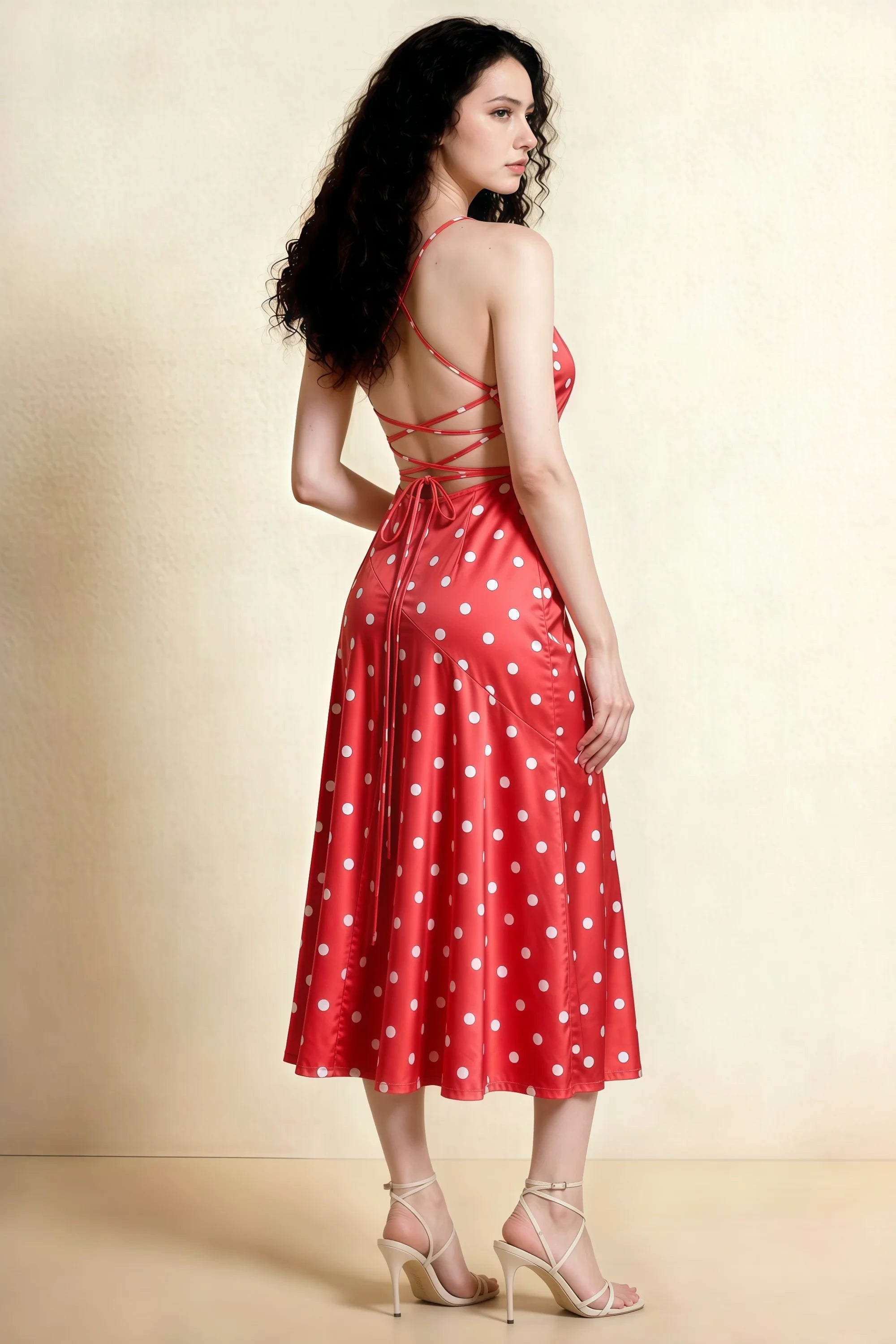 Ada Red Polka Dot High-Low Ruffled Midi Dress Imagen secundaria del producto