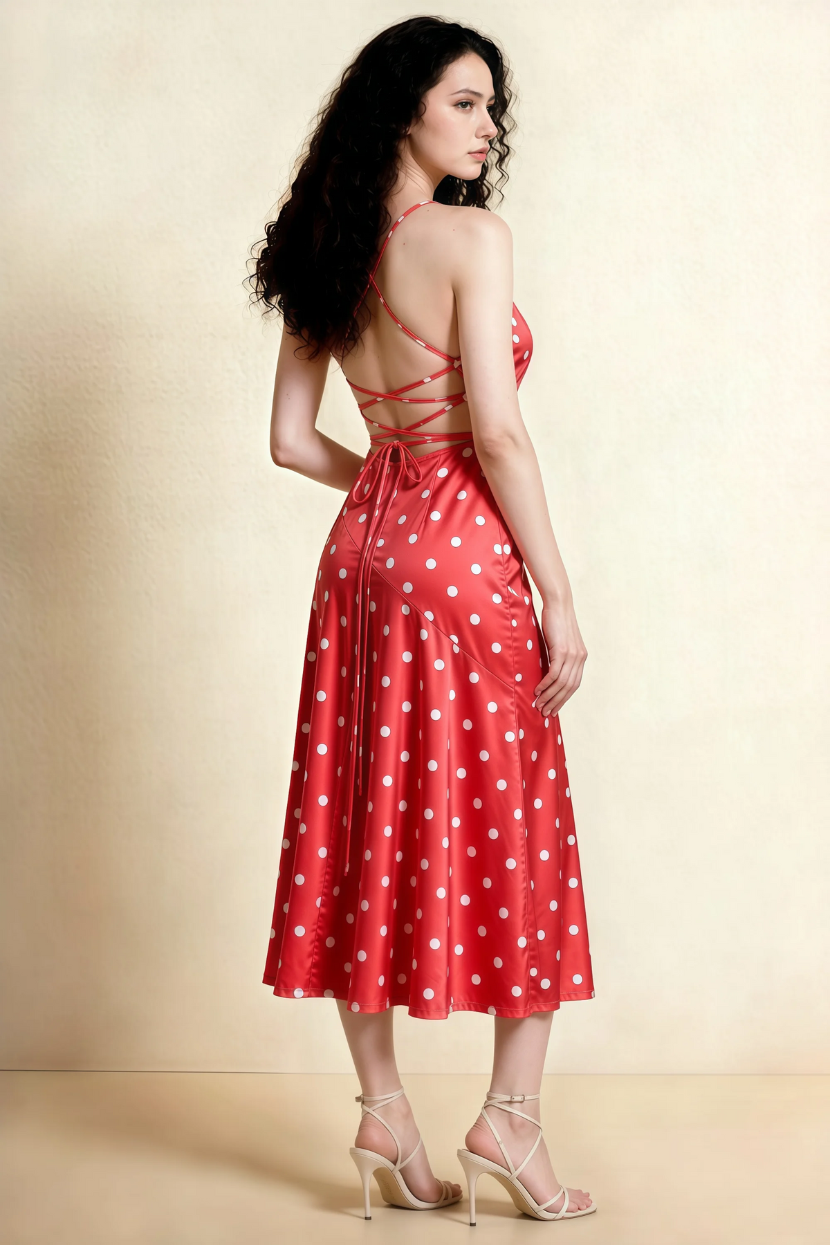 Ada Red Polka Dot High-Low Ruffled Midi Dress