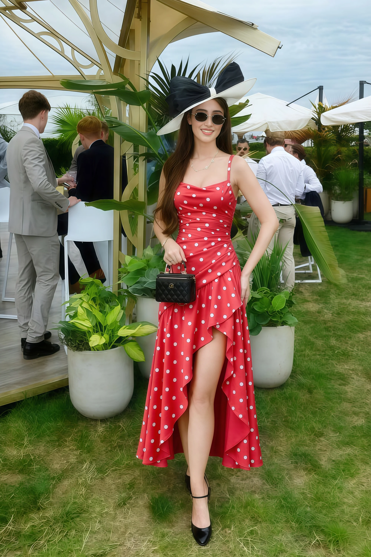 Ada Red Polka Dot High-Low Ruffled Midi Dress