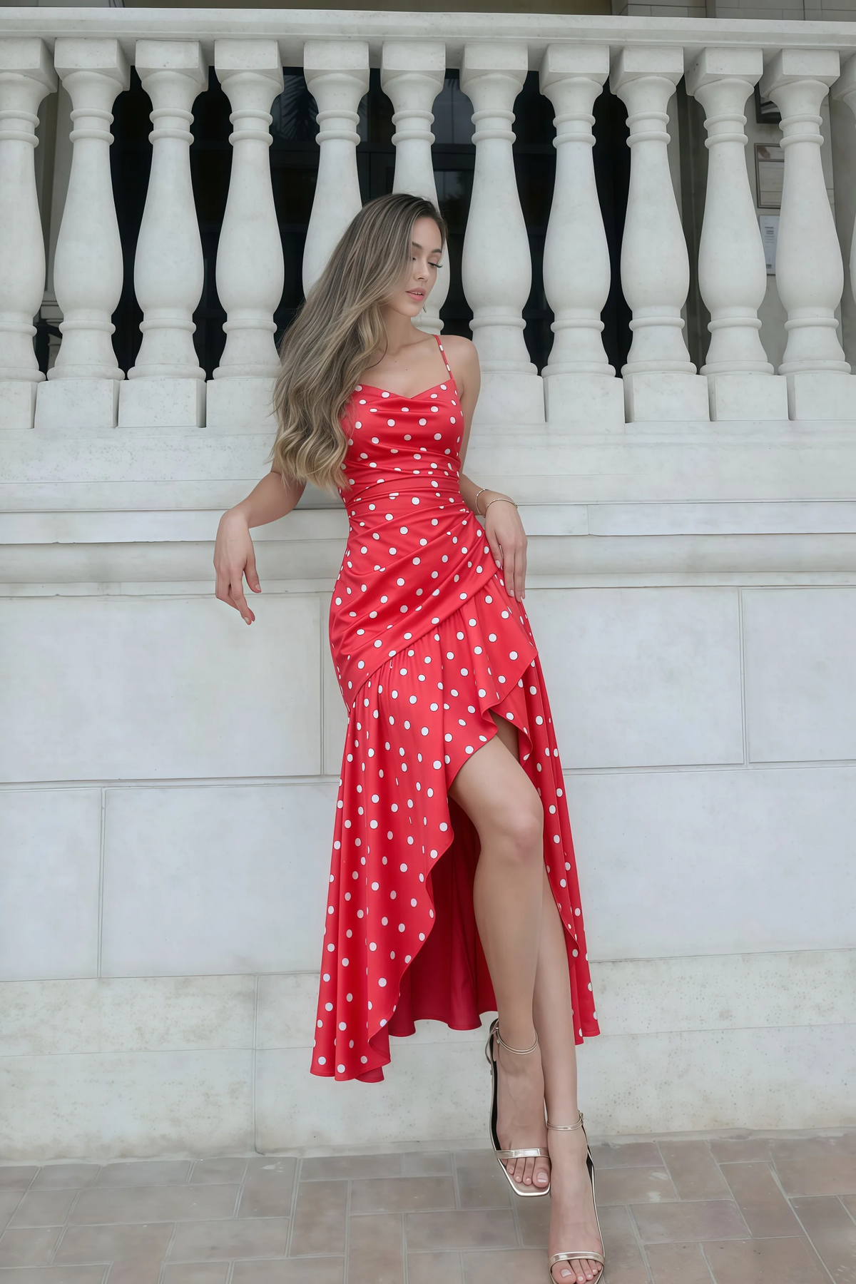 Ada Red Polka Dot High-Low Ruffled Midi Dress