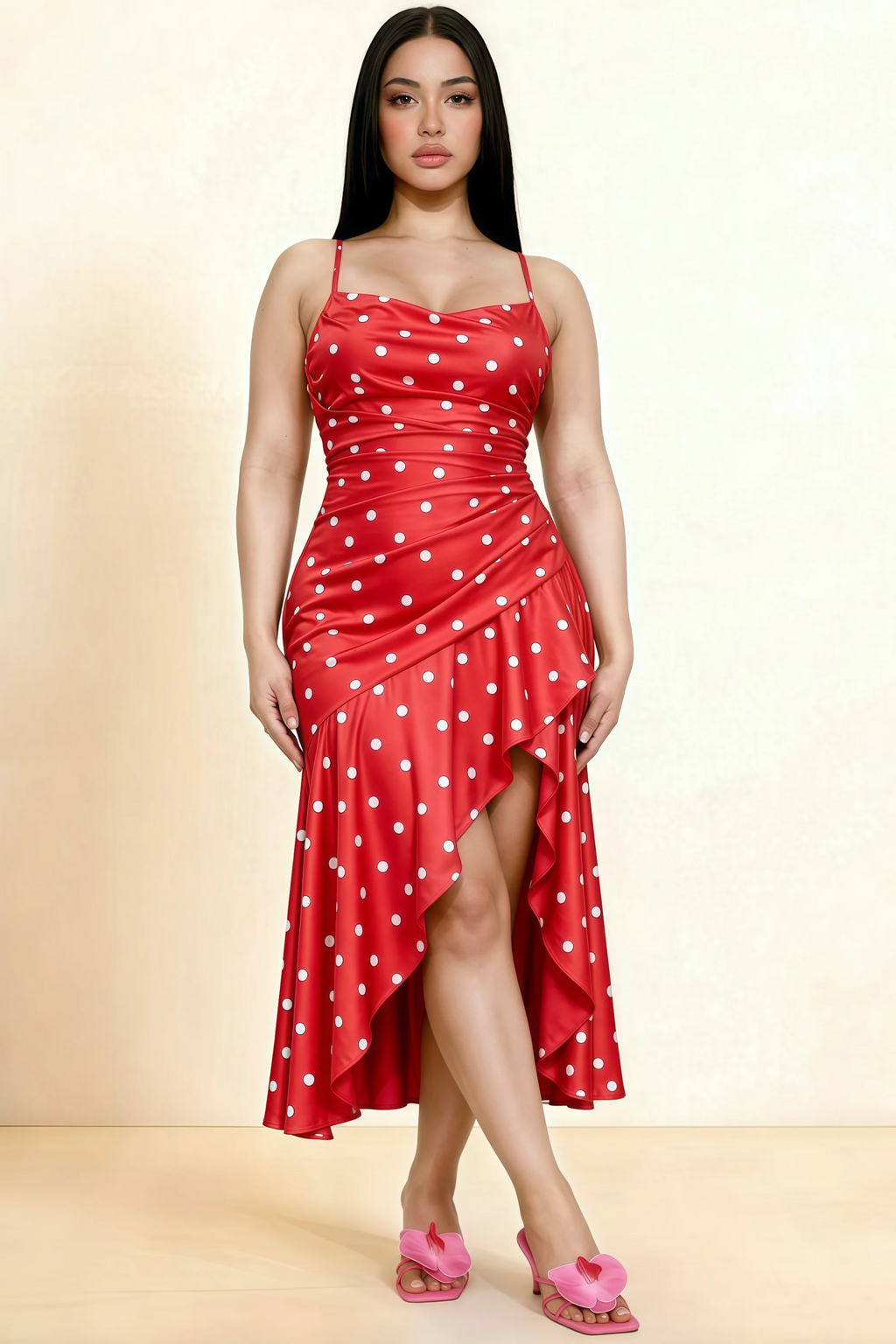 Ada Red Polka Dot High-Low Ruffled Midi Dress