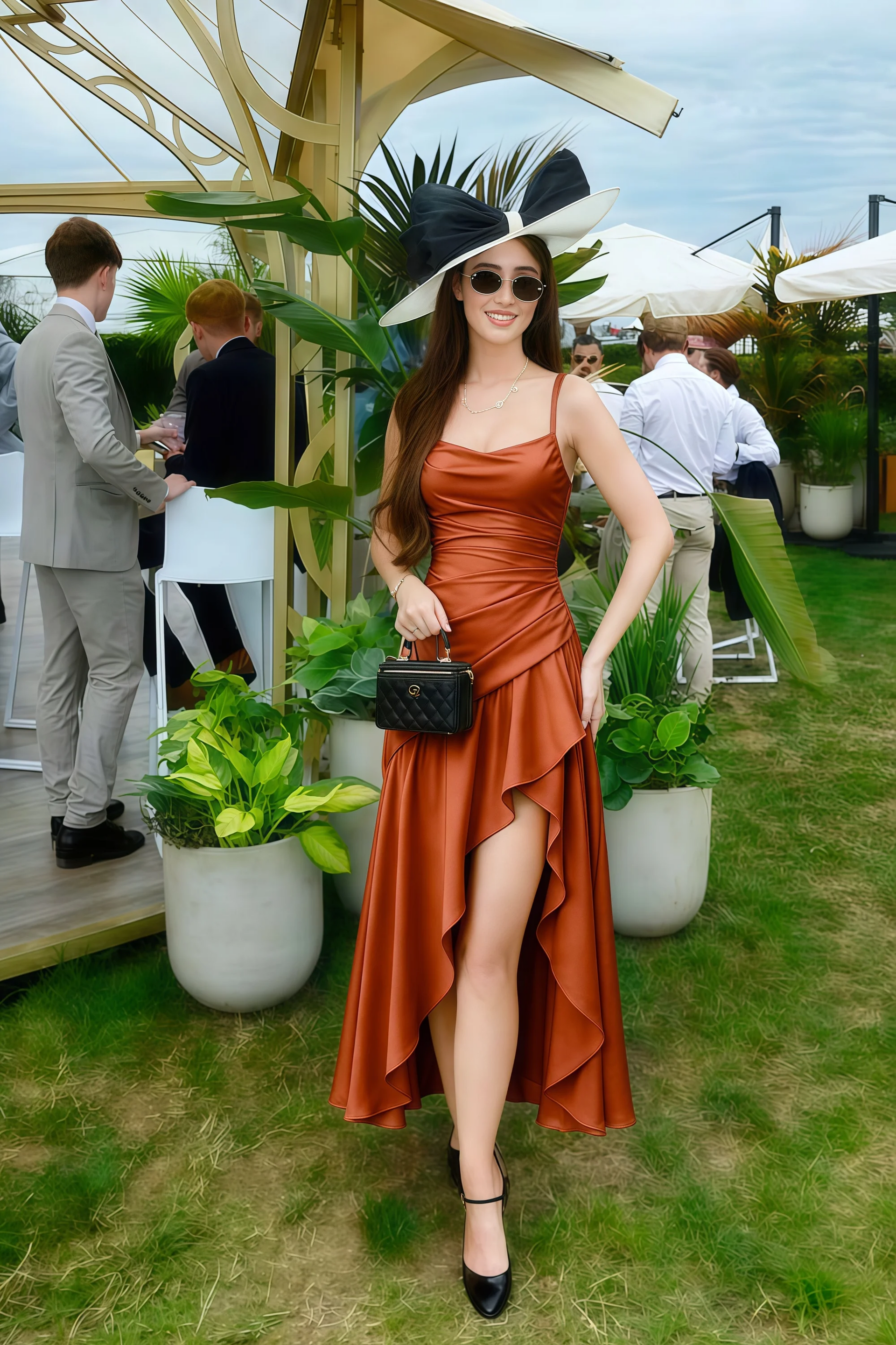 Ada Rust Satin High-Low Ruffled Midi Dress