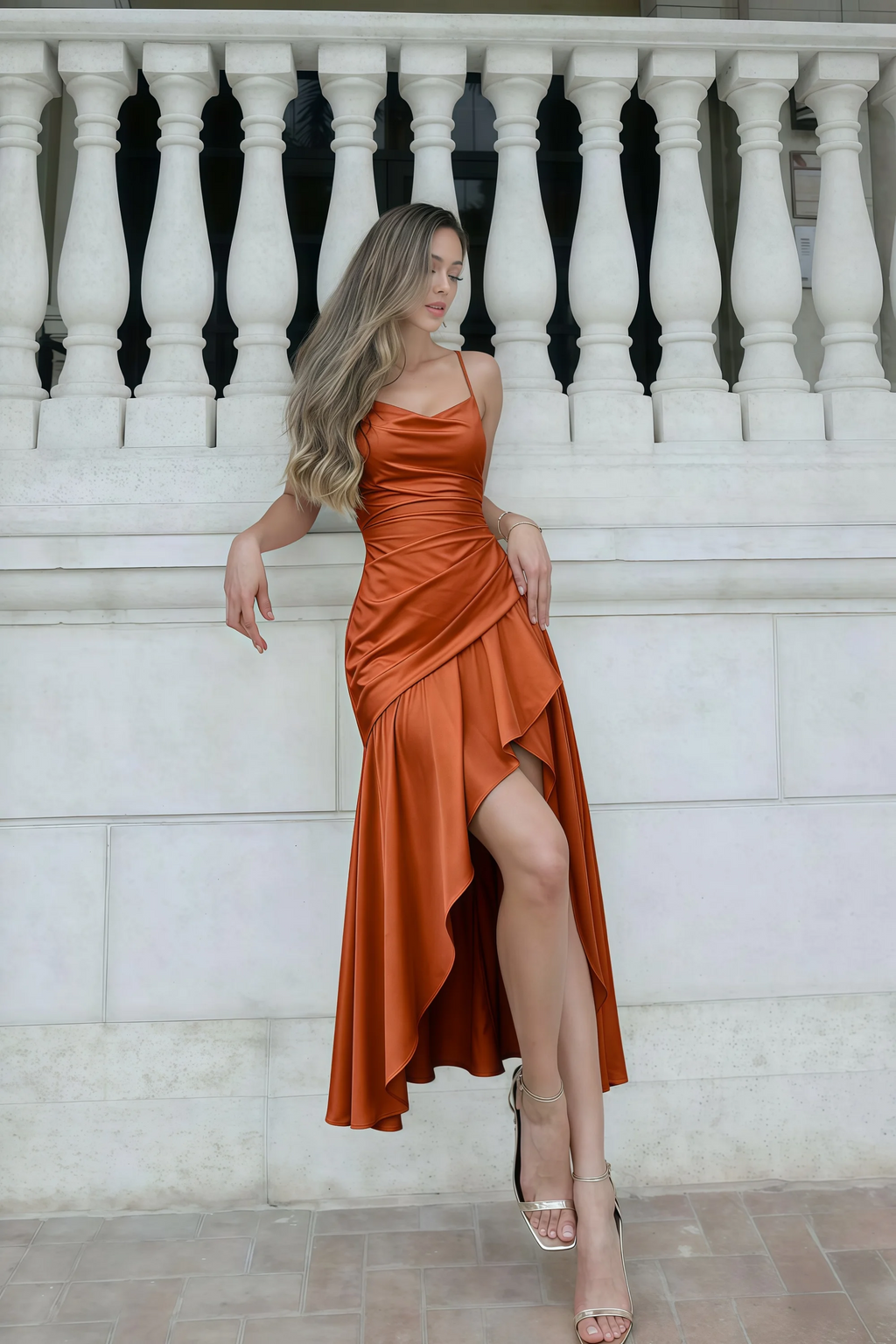 Ada Rust Satin High-Low Ruffled Midi Dress