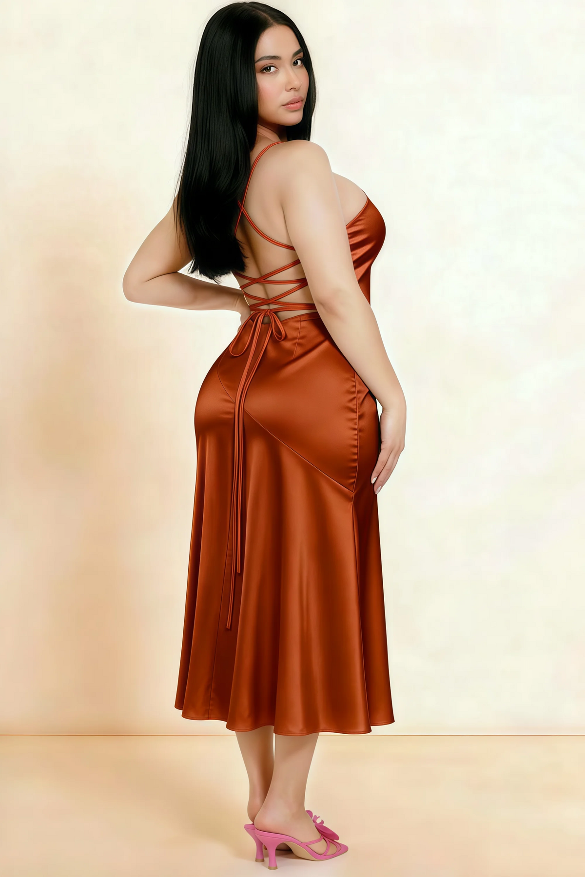 Ada Rust Satin High-Low Ruffled Midi Dress