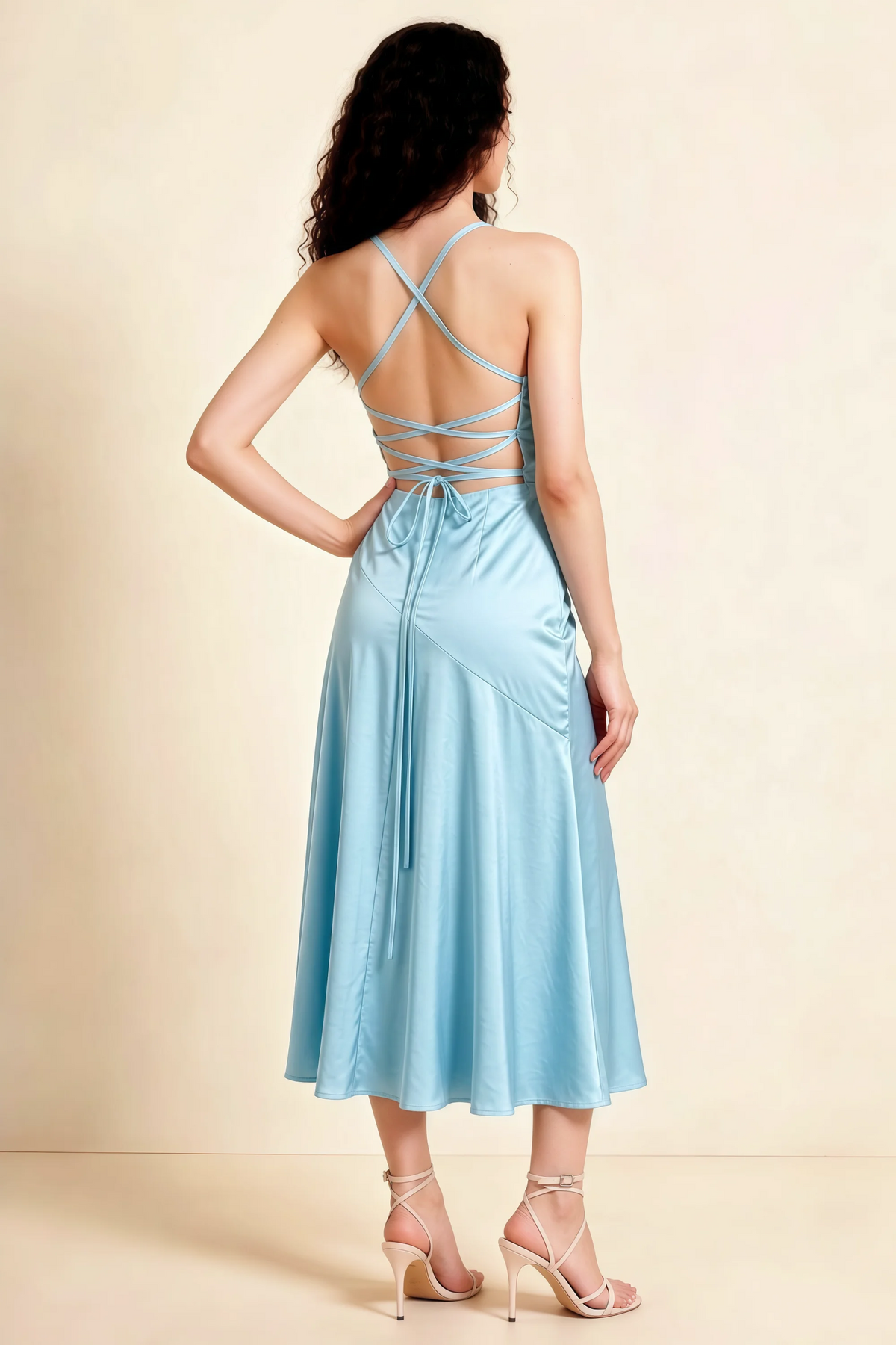 Ada Sky Blue Satin High-Low Ruffled Midi Dress