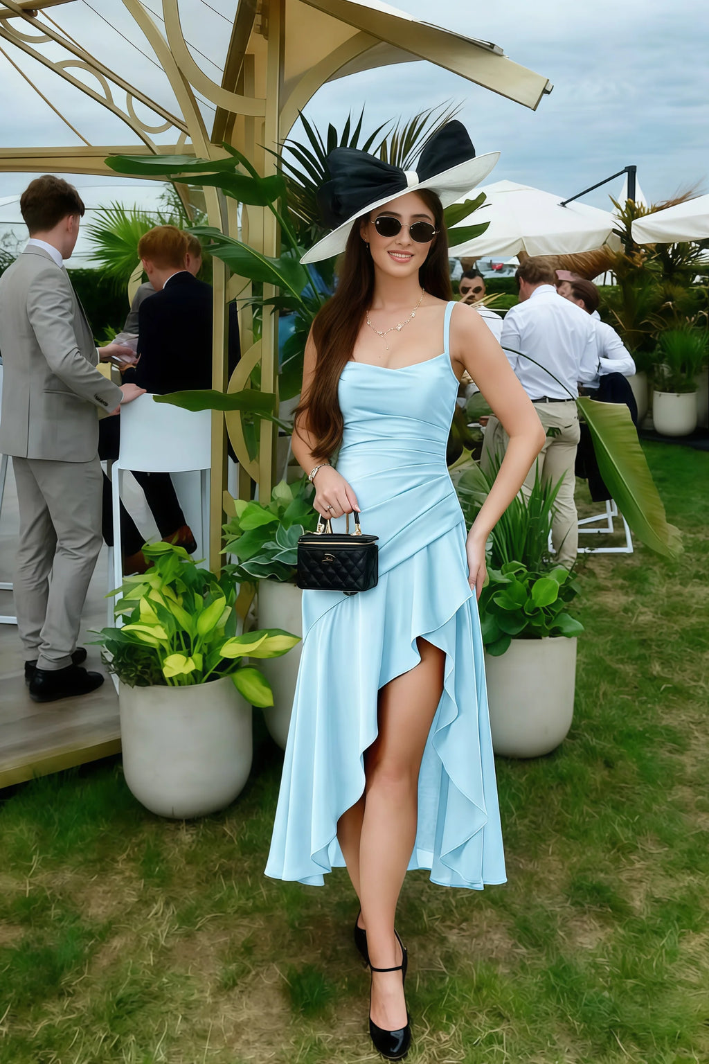 Ada Sky Blue Satin High-Low Ruffled Midi Dress