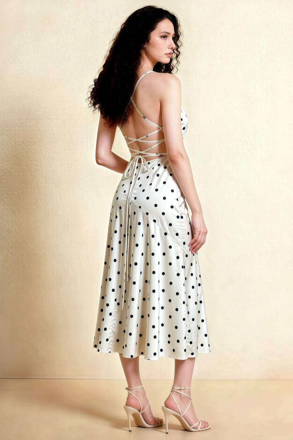 Ada White Polka Dot High-Low Ruffled Midi Dress