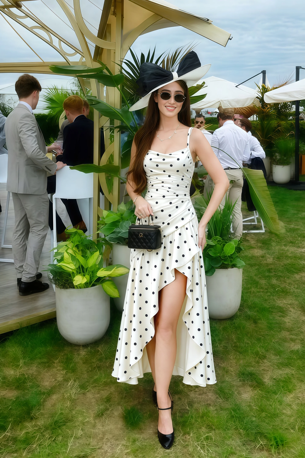 Ada White Polka Dot High-Low Ruffled Midi Dress