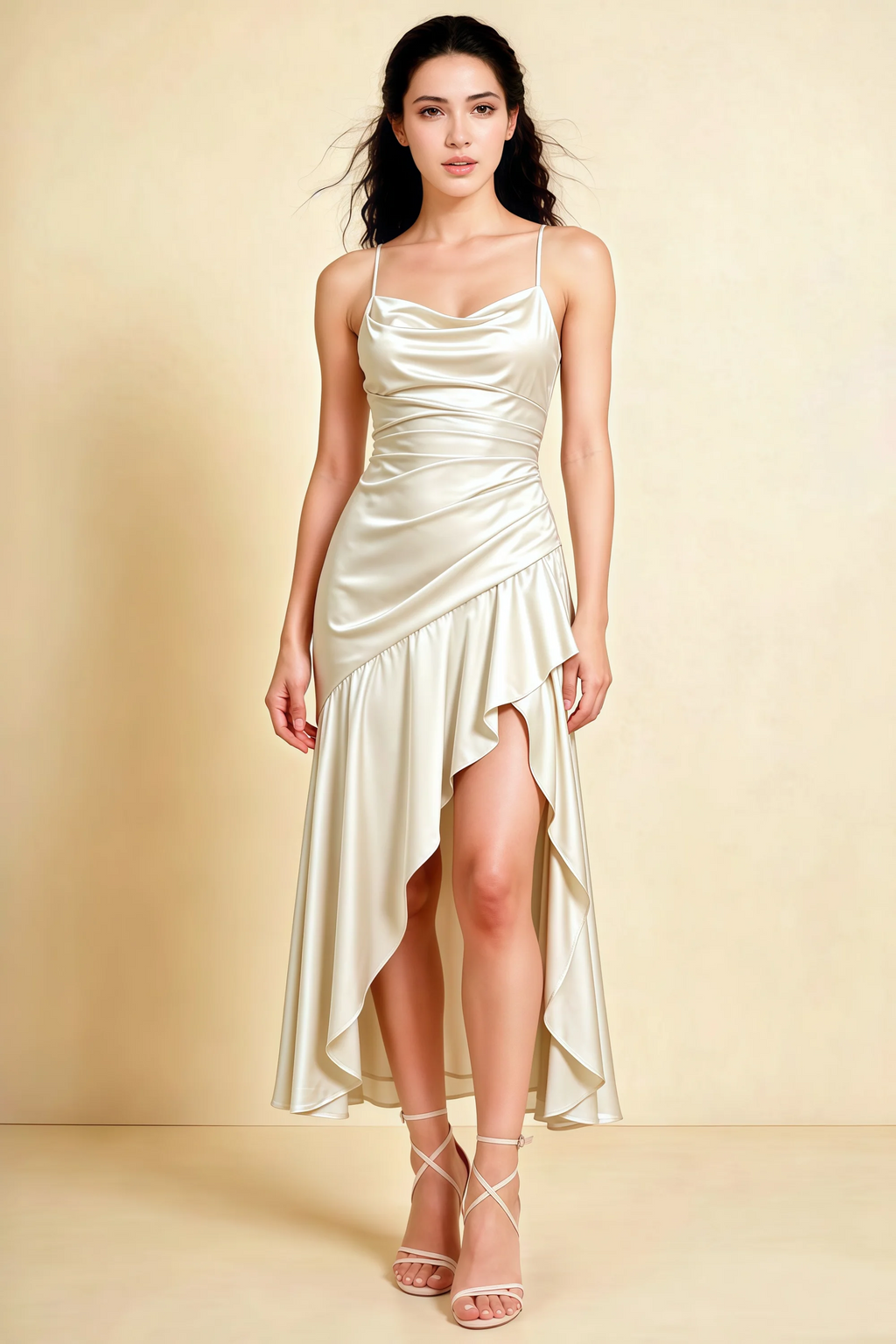 Ada White Satin High-Low Ruffled Midi Dress