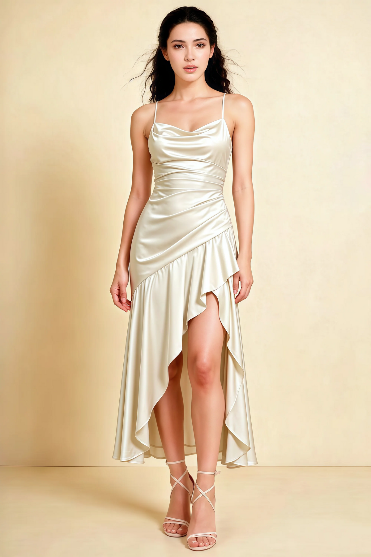 Ada White Satin High-Low Ruffled Midi Dress