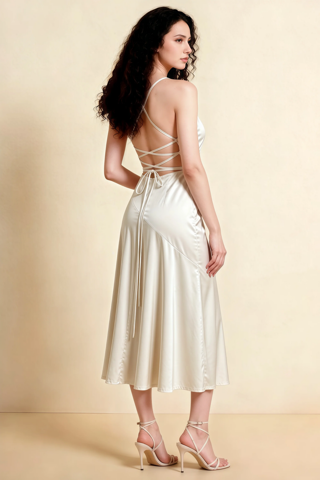 Ada White Satin High-Low Ruffled Midi Dress