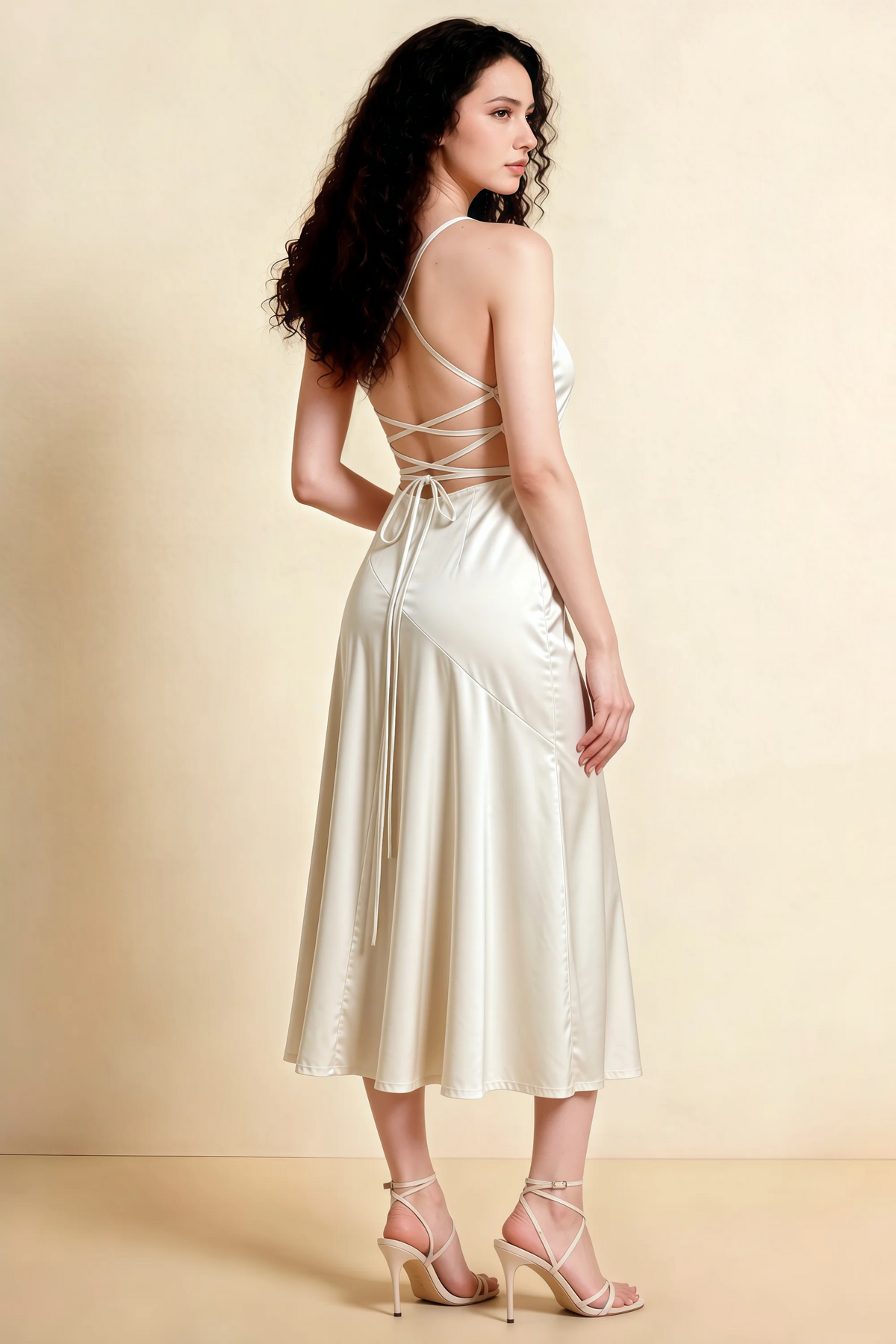 Ada White Satin High-Low Ruffled Midi Dress