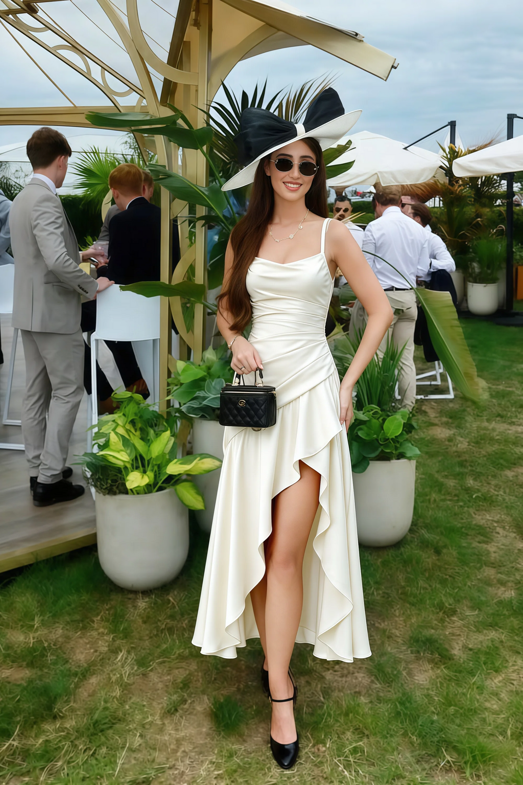 Ada White Satin High-Low Ruffled Midi Dress